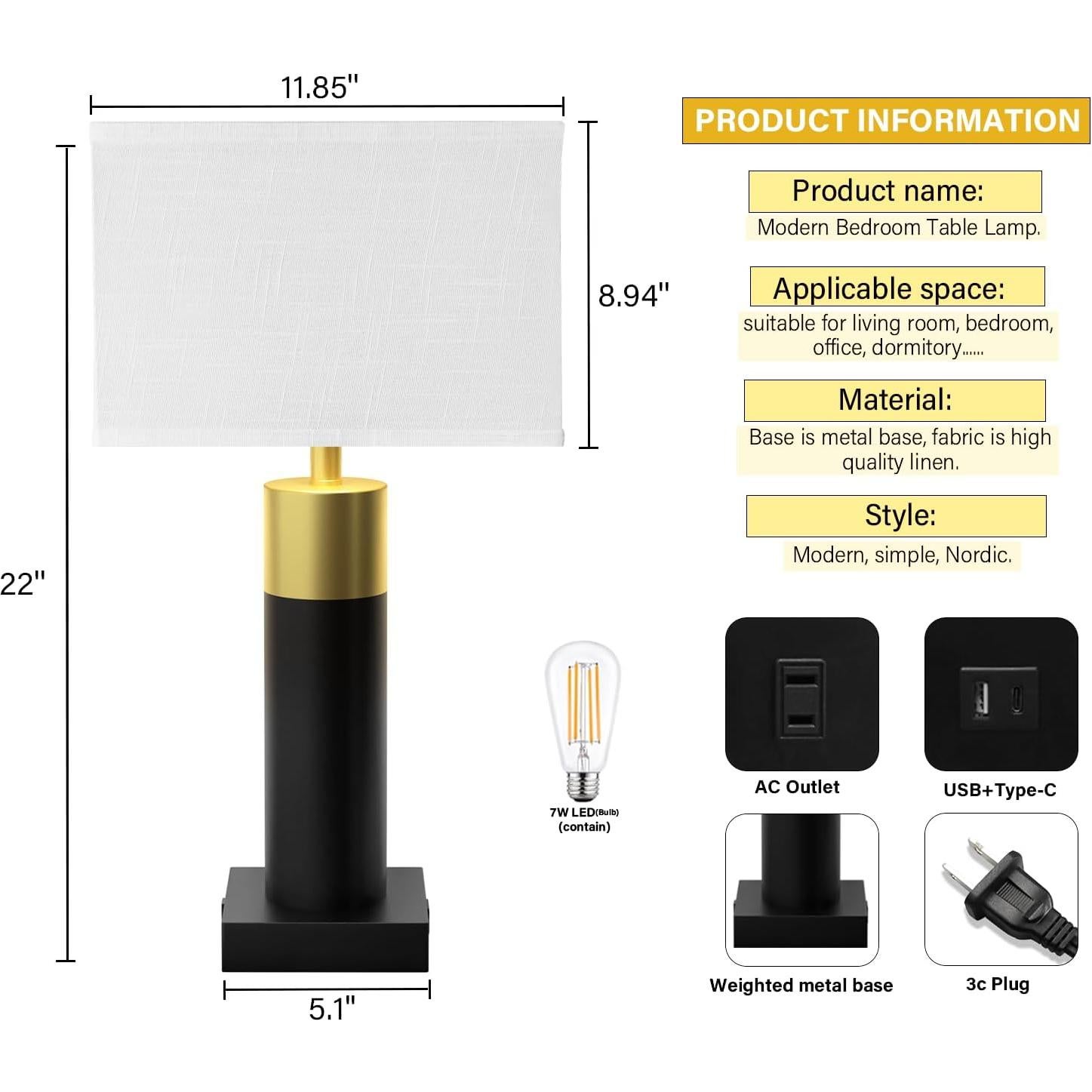 Lámpara de Mesa Táctil OYedis 55.88 cm 3 Niveles USB-C y USB
