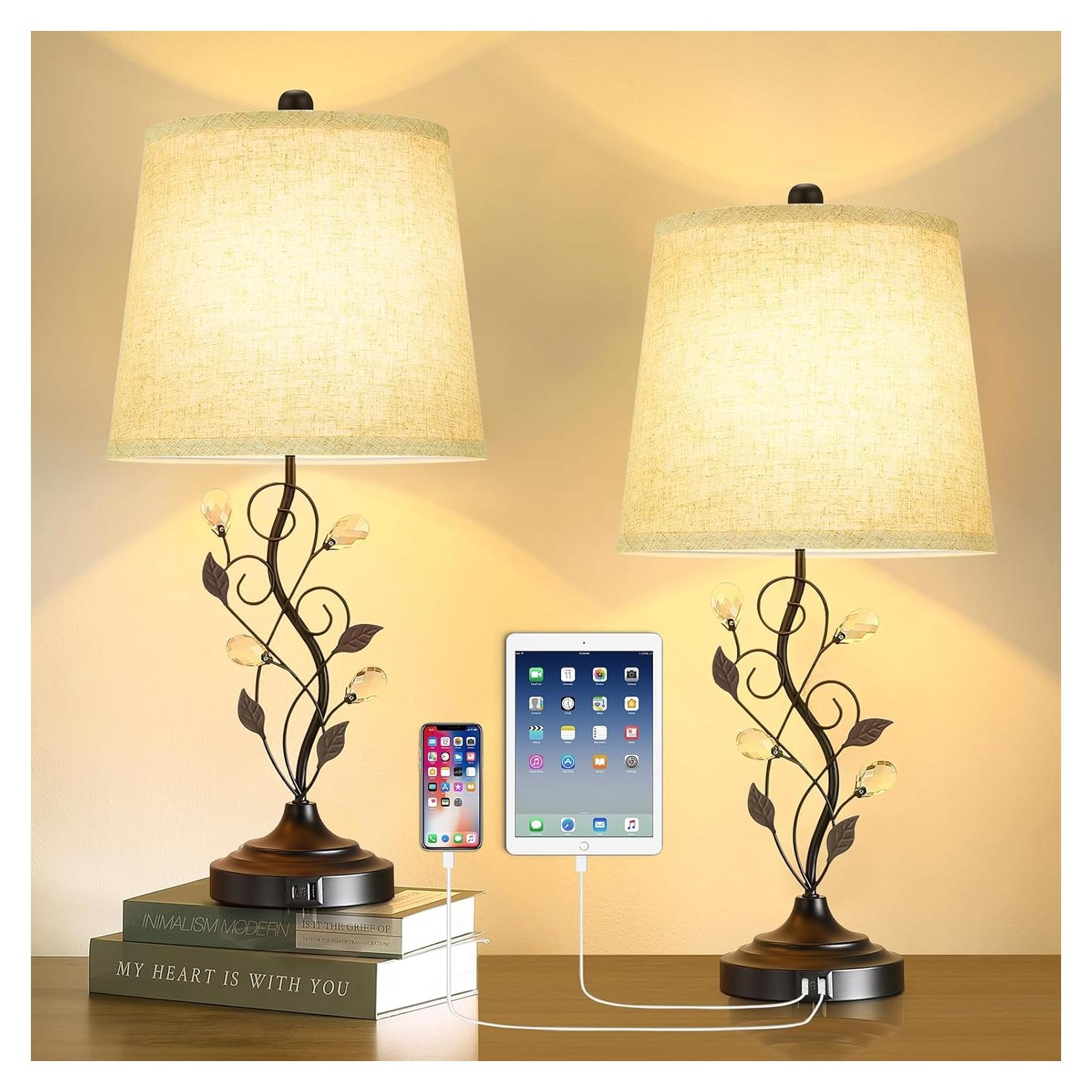 Juego de 2 lámparas de mesa rústicas Sheetea con USB