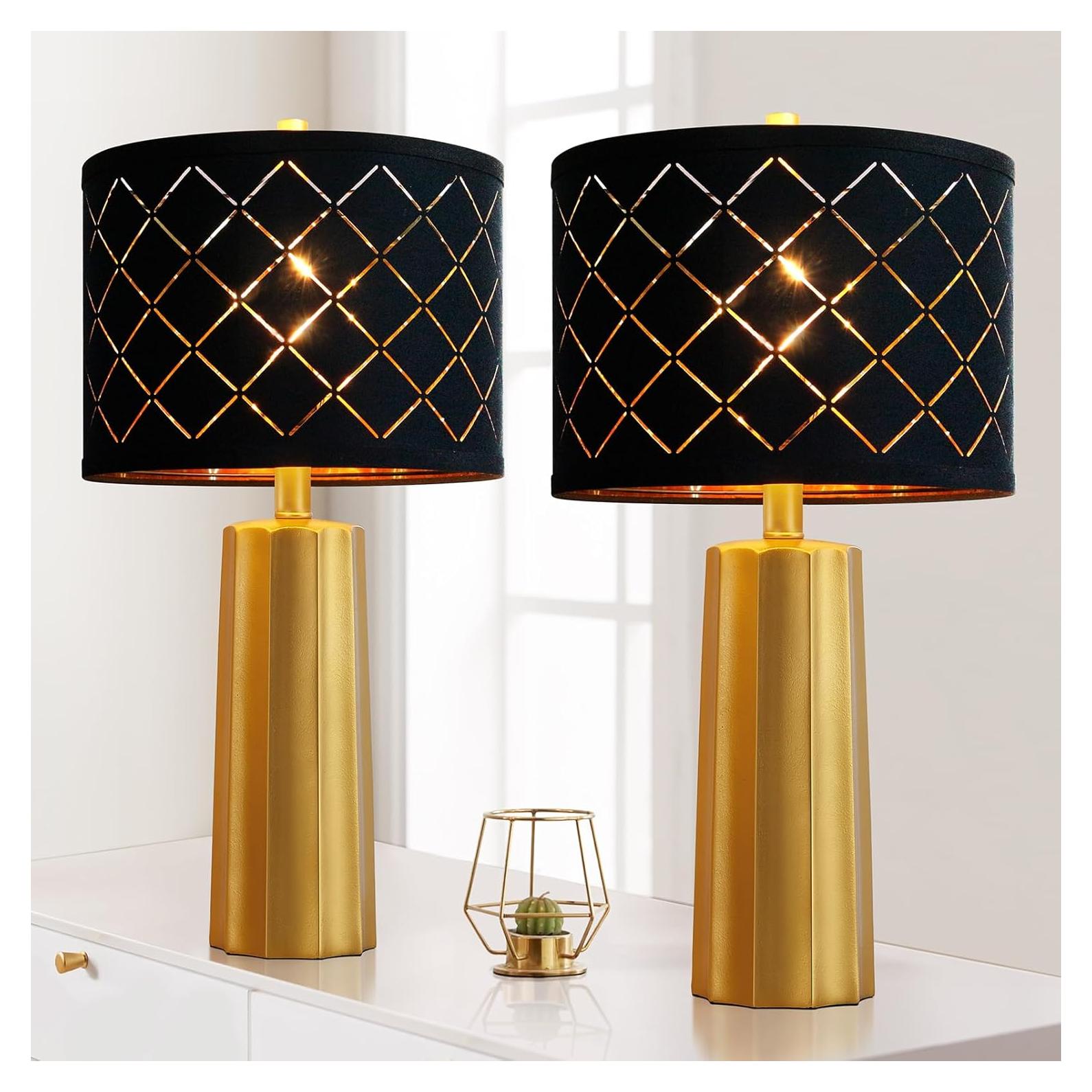 Juego de 2 Lámparas de Mesa RORIANO Doradas con Pantalla Negra