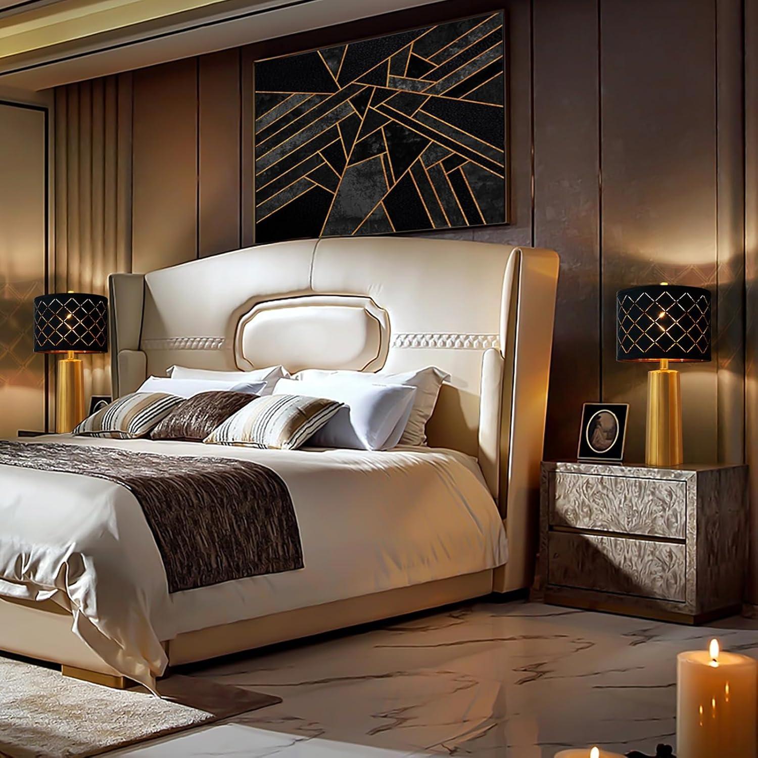 Juego de 2 Lámparas de Mesa RORIANO Doradas con Pantalla Negra