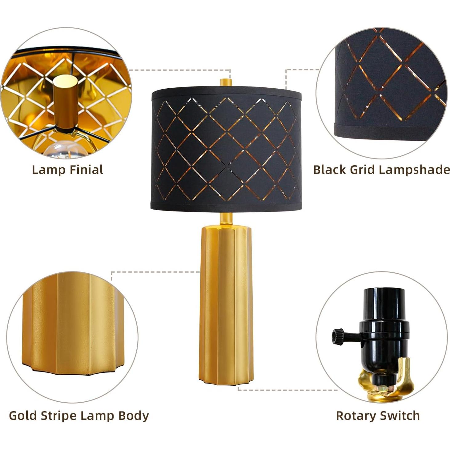 Juego de 2 Lámparas de Mesa RORIANO Doradas con Pantalla Negra