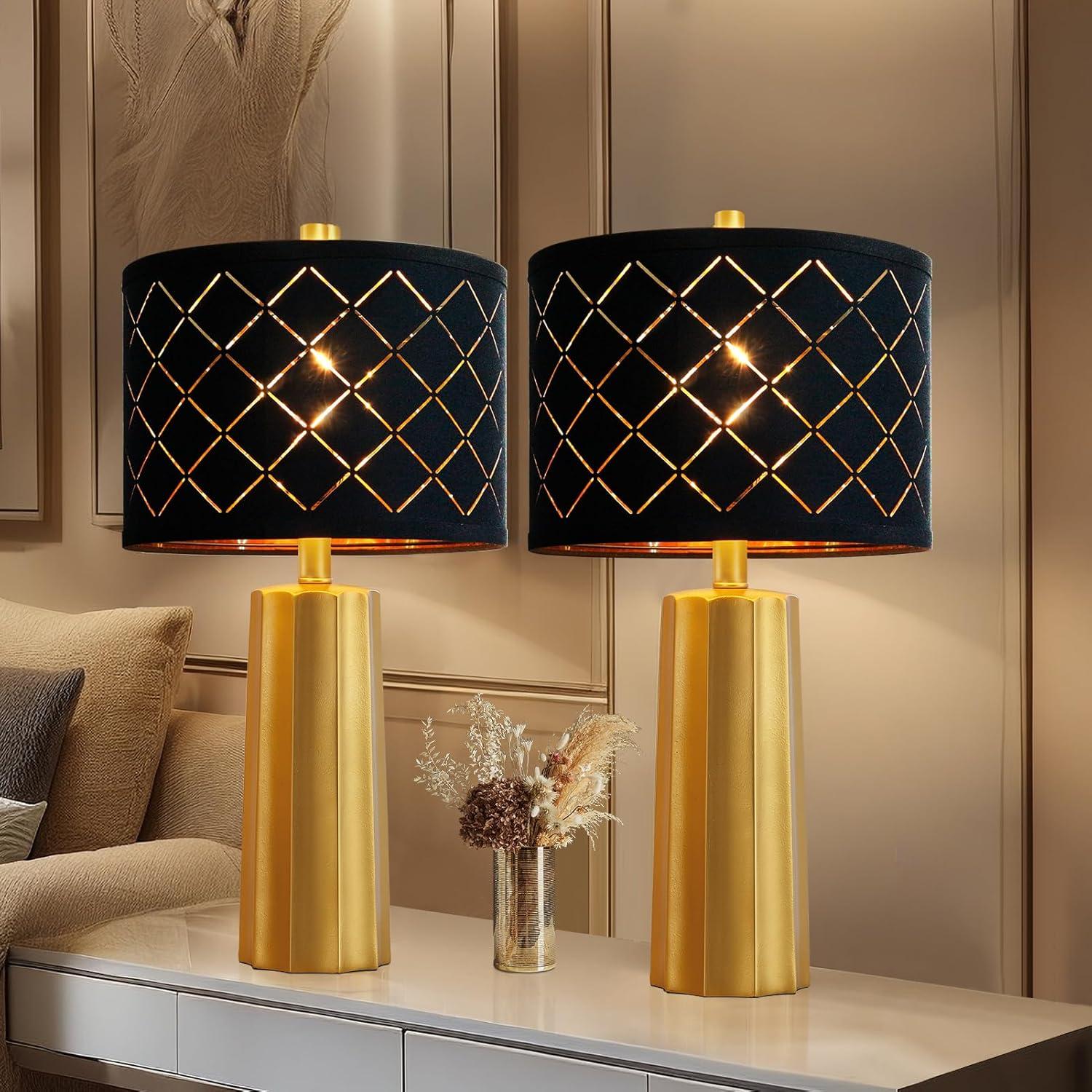 Juego de 2 Lámparas de Mesa RORIANO Doradas con Pantalla Negra
