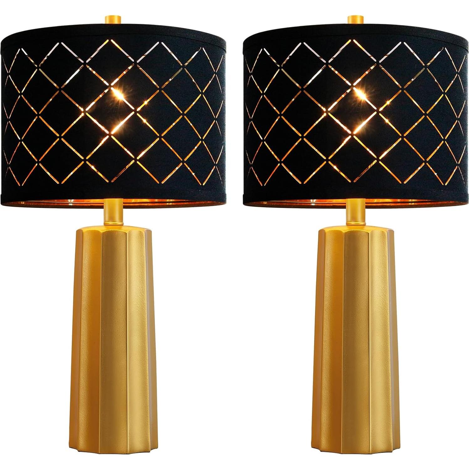 Juego de 2 Lámparas de Mesa RORIANO Doradas con Pantalla Negra