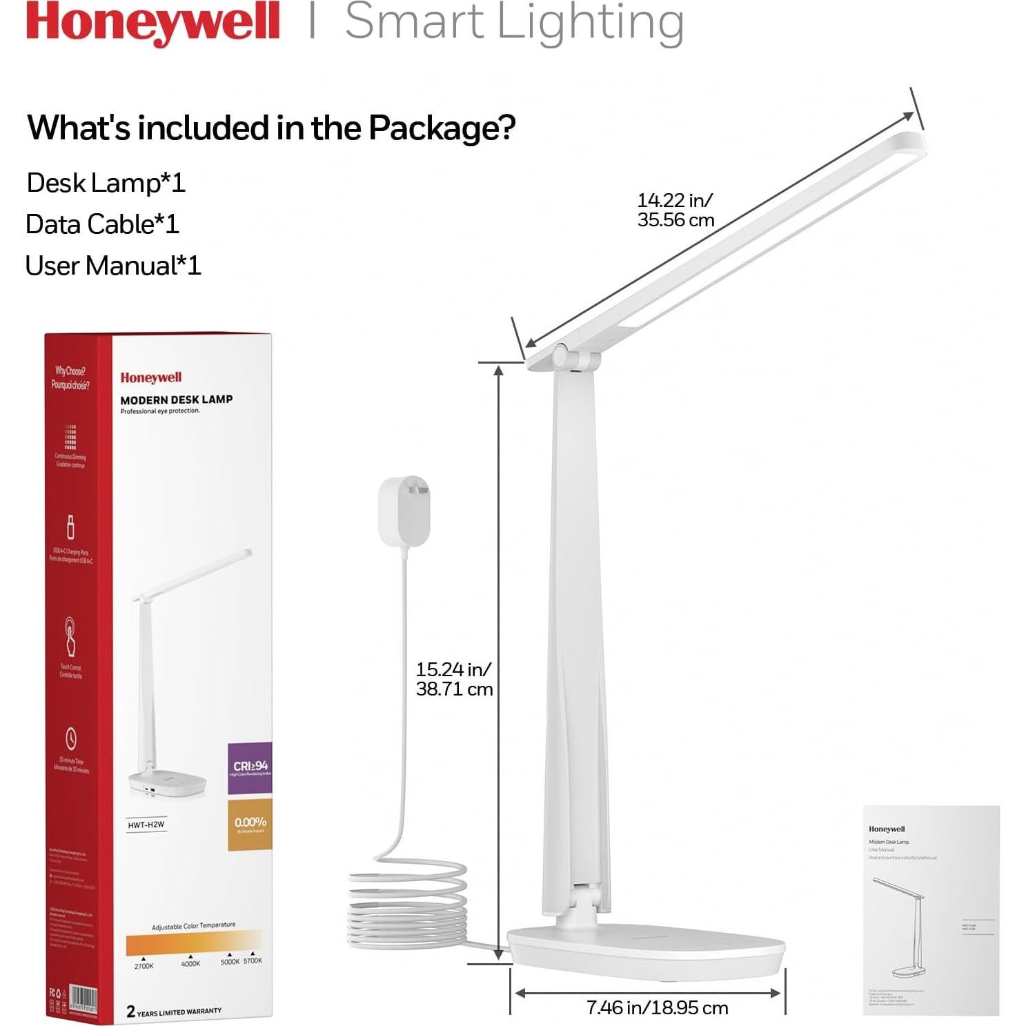 Lámpara de Escritorio LED Honeywell con Carga USB y 4 Modos