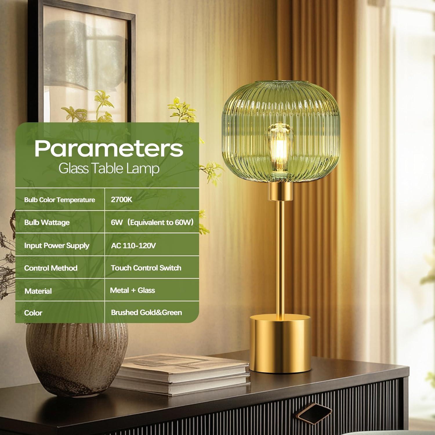 Lámpara de Mesa Táctil QiMH de Vidrio Estriado Verde 54cm