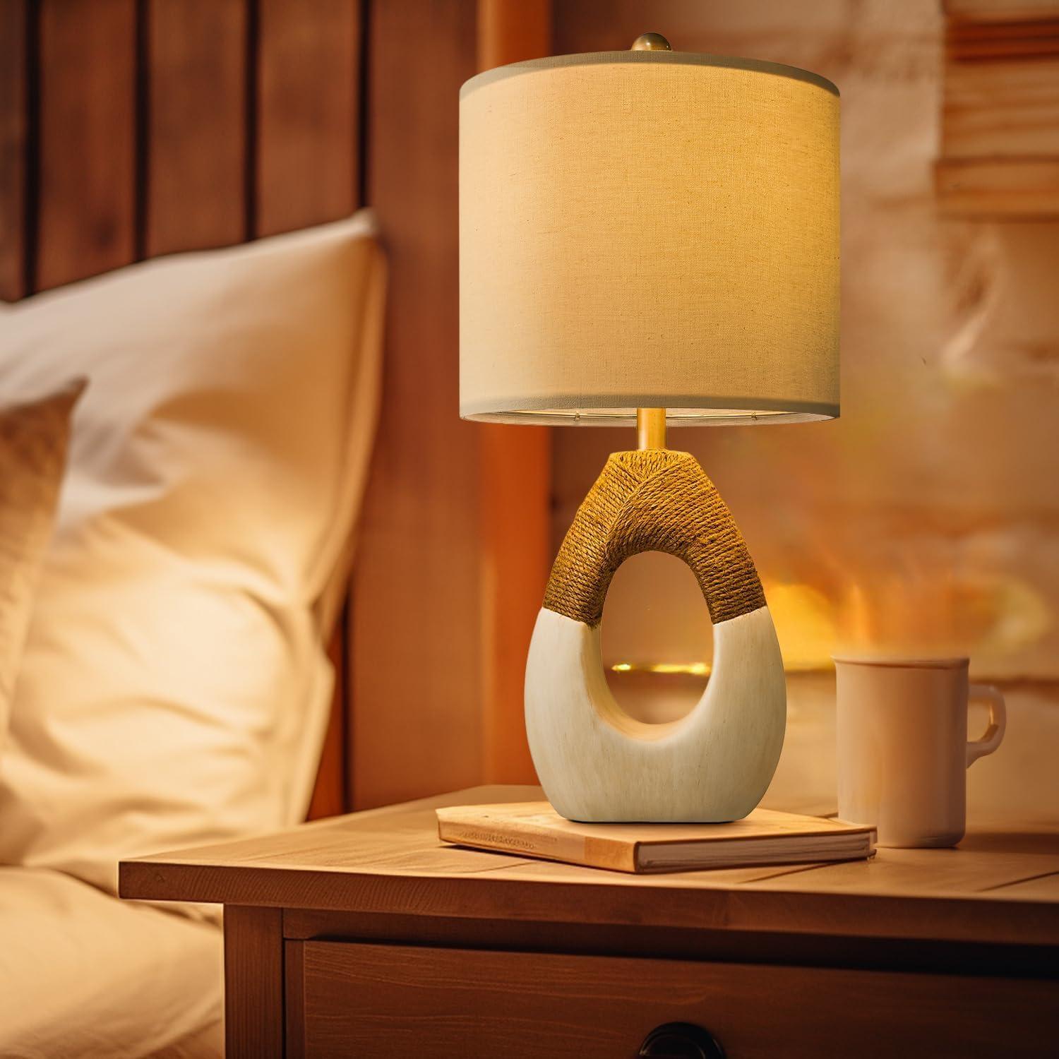 Lámpara de Mesa Boho OYEARS 48cm Ratan y Resina para Dormitorio