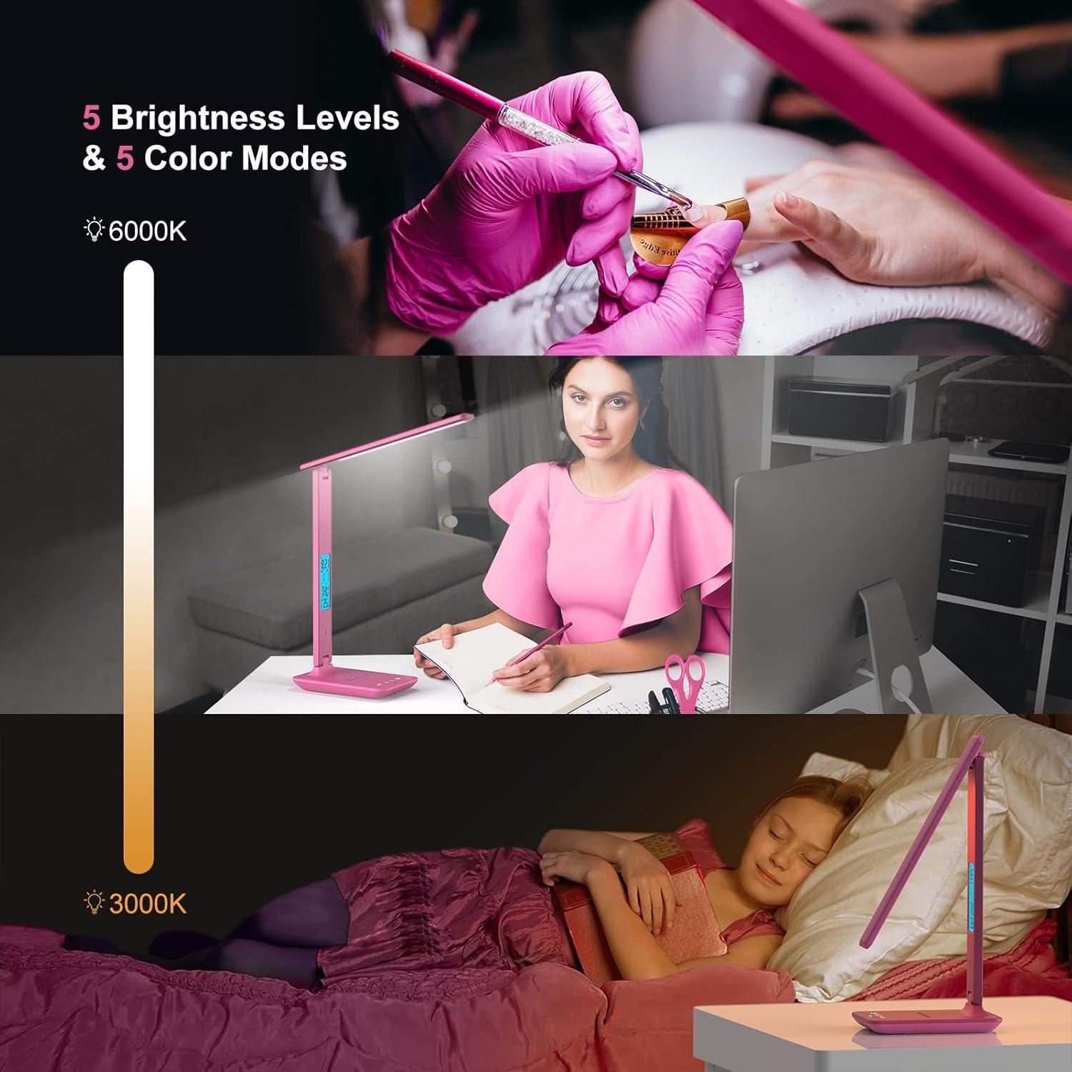 Lámpara de Escritorio LED Poukaran con Cargador Inalámbrico Rosa