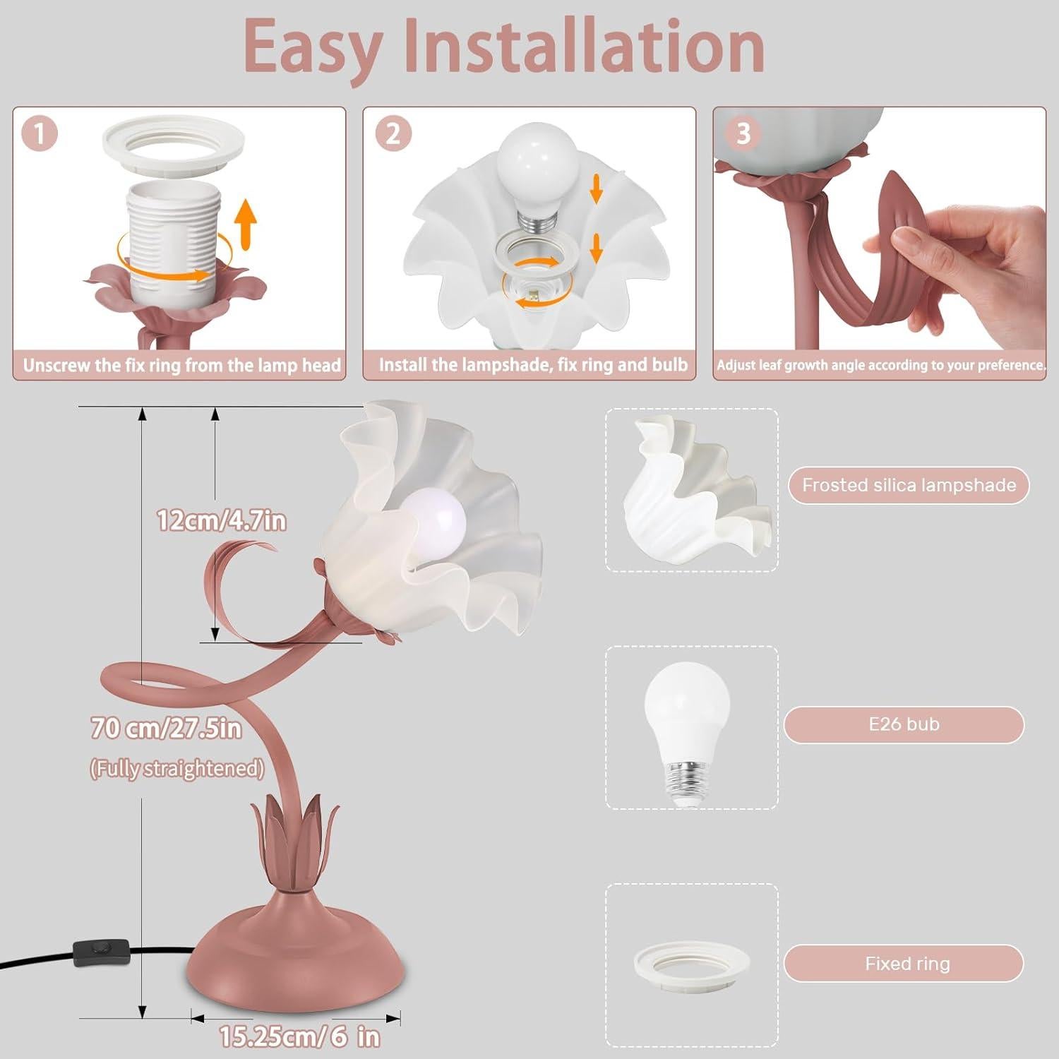 Lámpara de Mesa Rosa Larnix con Cuello Flexible y LED E26