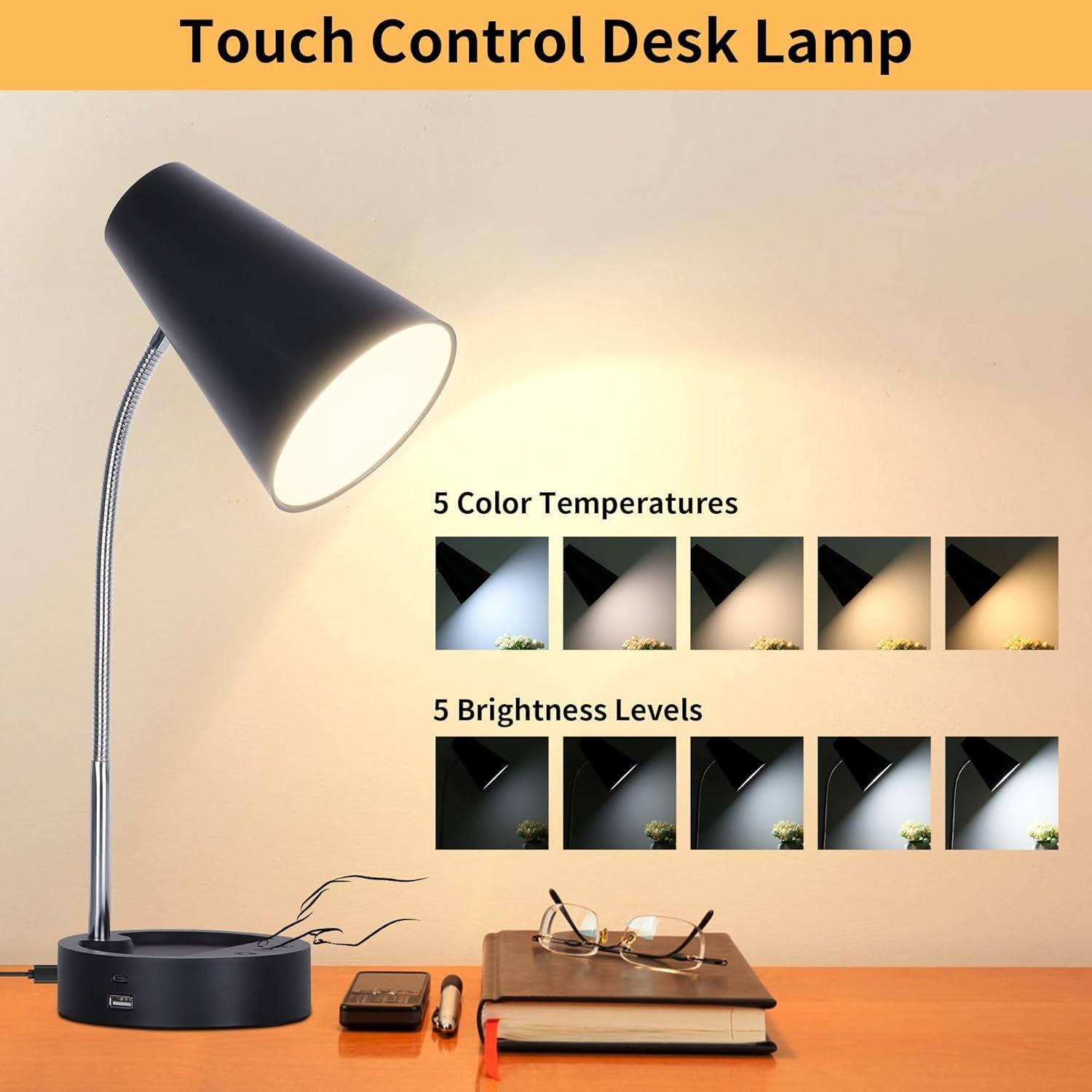 Lámpara de Escritorio LED RUNTOP Negra con USB y Tipo C