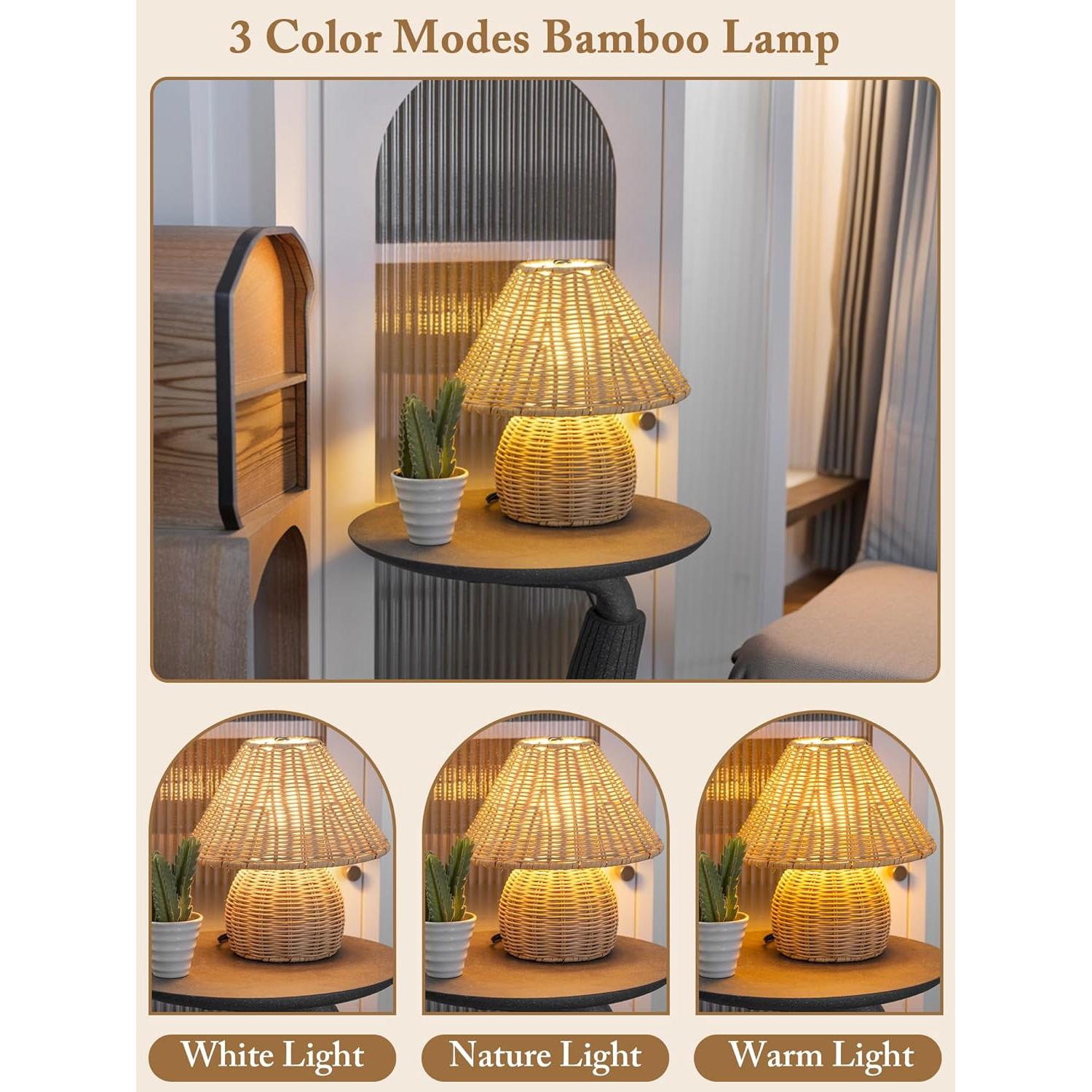 Lámpara de Mesa Boho Quipzora de Ratan 3 Modos de Color 26.9cm