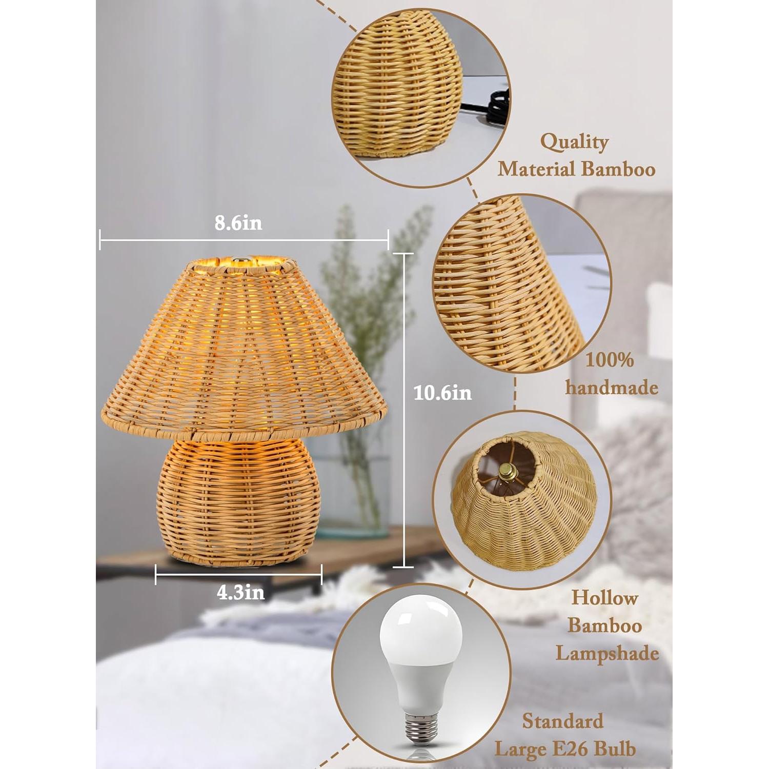 Lámpara de Mesa Boho Quipzora de Ratan 3 Modos de Color 26.9cm