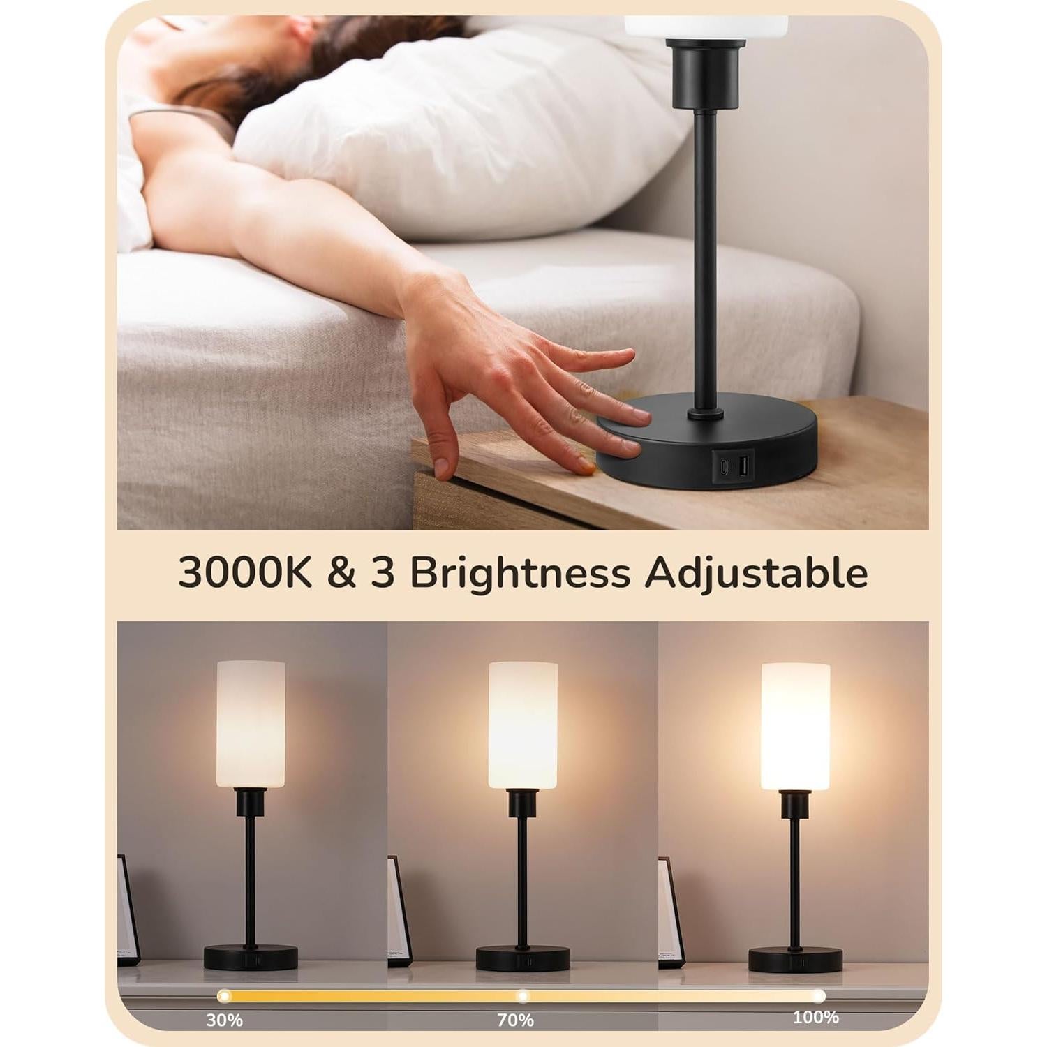 Lámpara de Mesa EDISHINE de Vidrio 40 cm con Control Táctil y USB