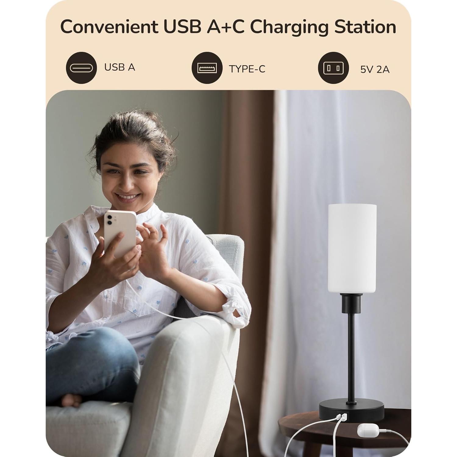 Lámpara de Mesa EDISHINE de Vidrio 40 cm con Control Táctil y USB