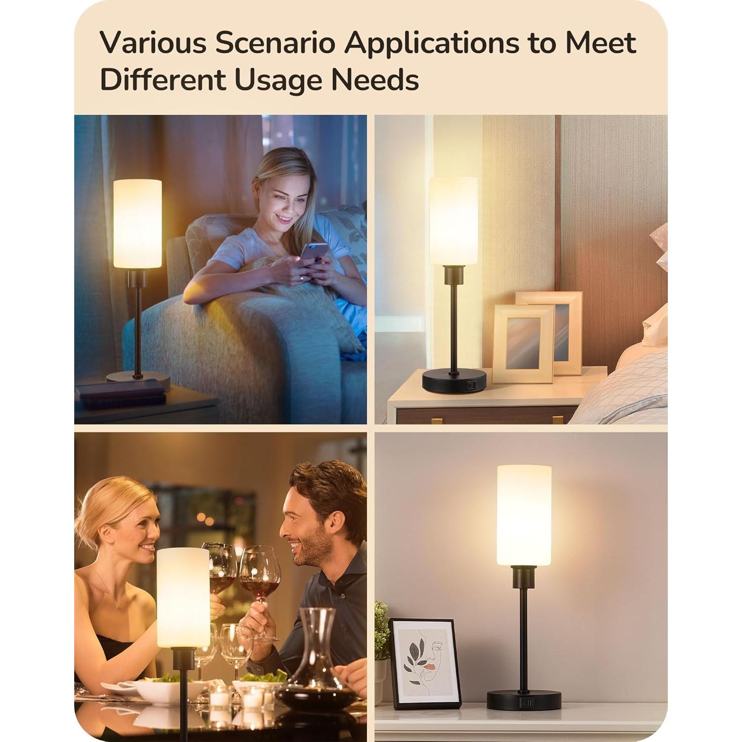 Lámpara de Mesa EDISHINE de Vidrio 40 cm con Control Táctil y USB