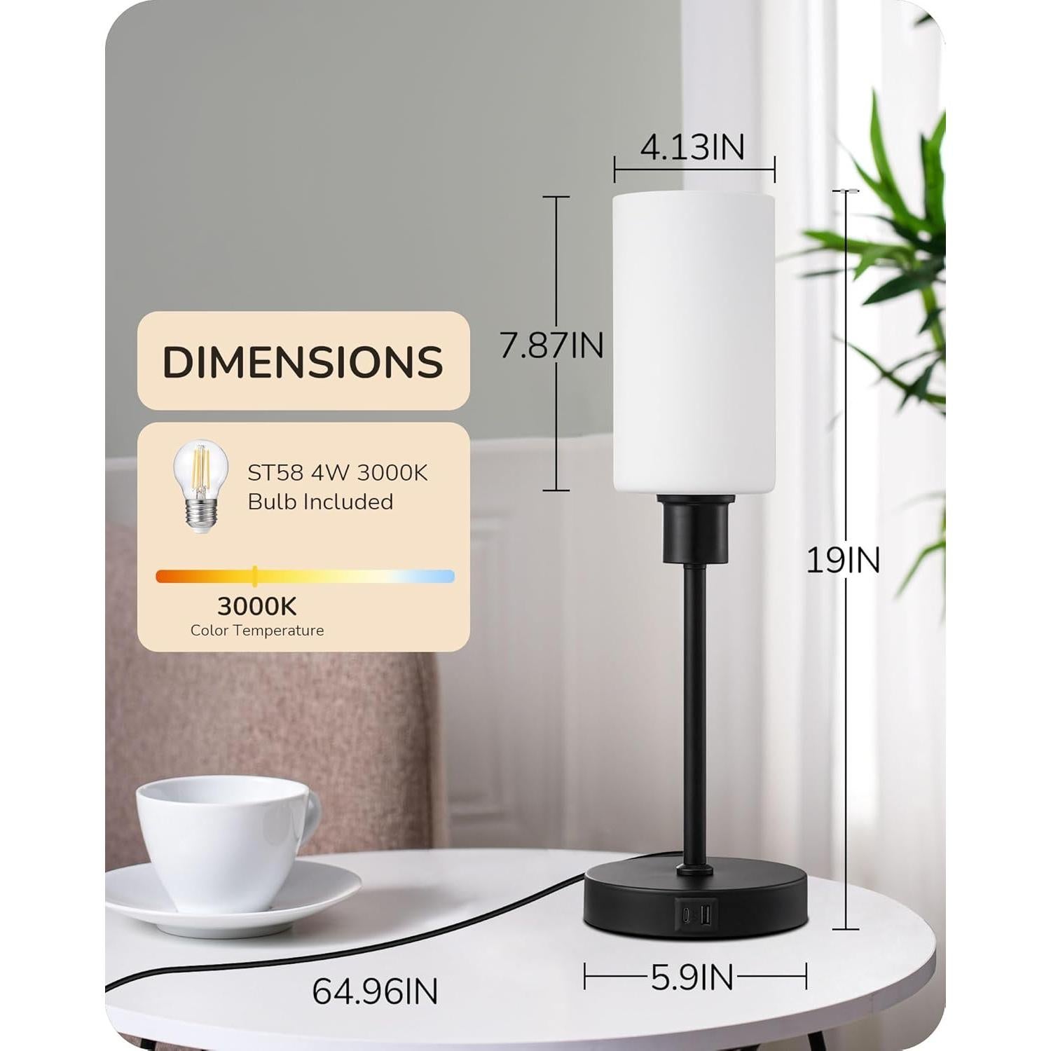 Lámpara de Mesa EDISHINE de Vidrio 40 cm con Control Táctil y USB