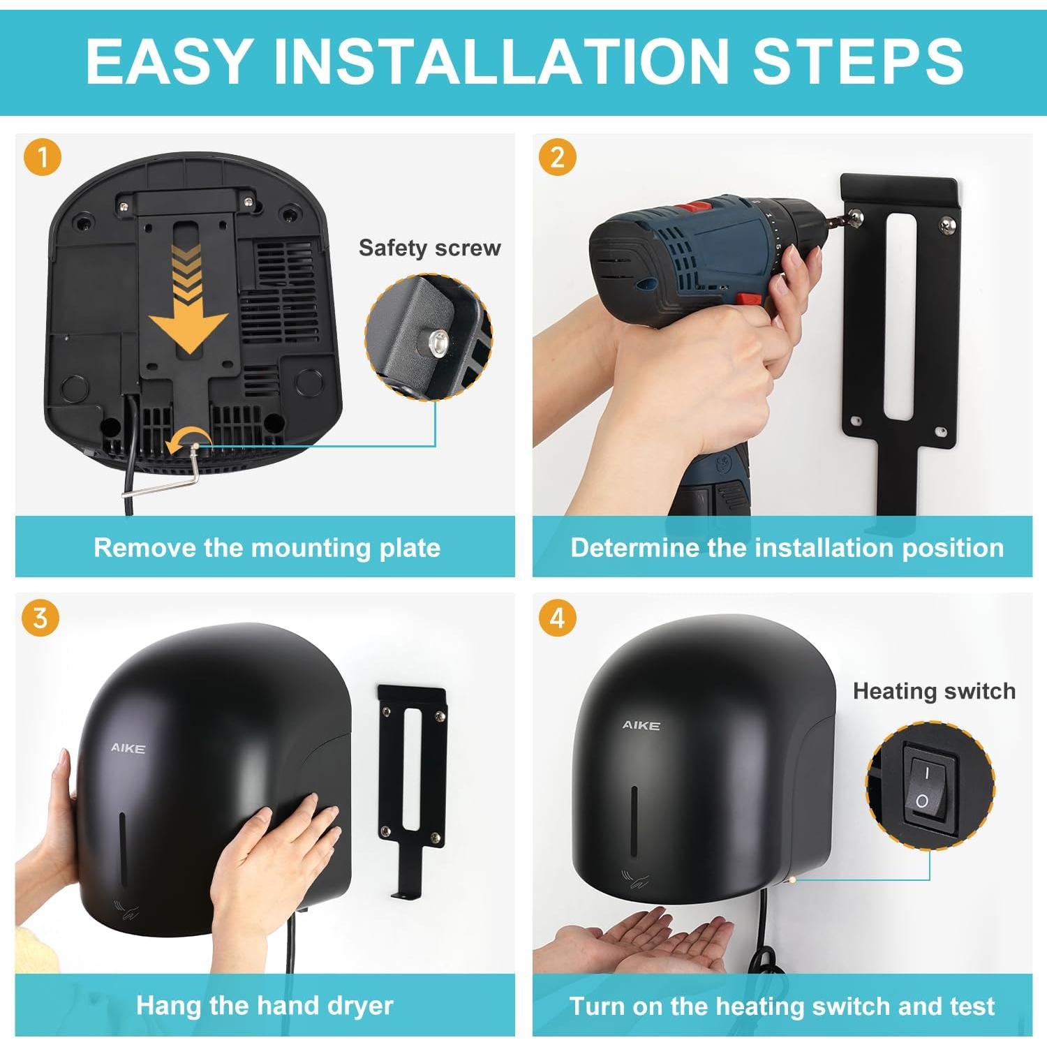 Secador de Manos AIKE AK2637 Templado Bajo Ruido 1500W Negro