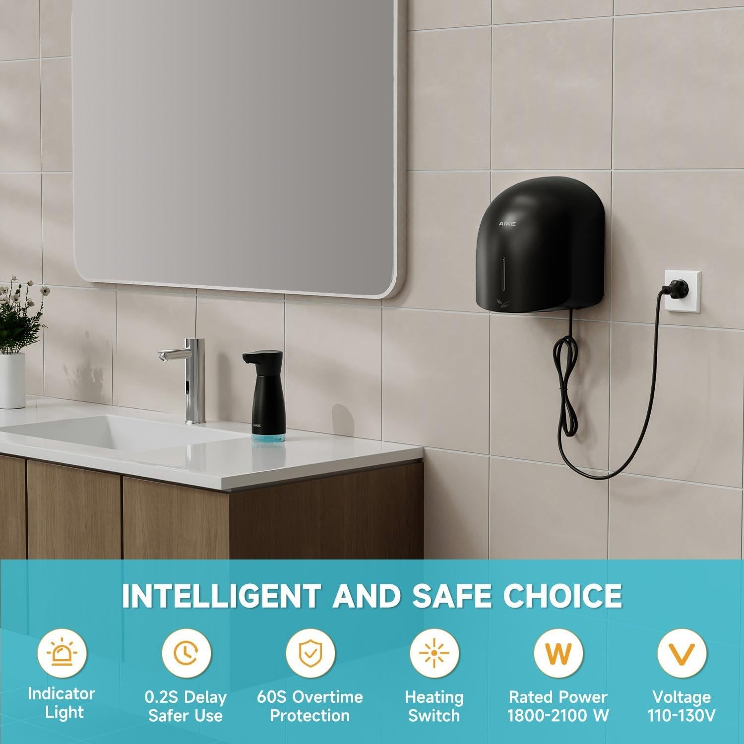 Secador de Manos AIKE AK2637 Templado Bajo Ruido 1500W Negro