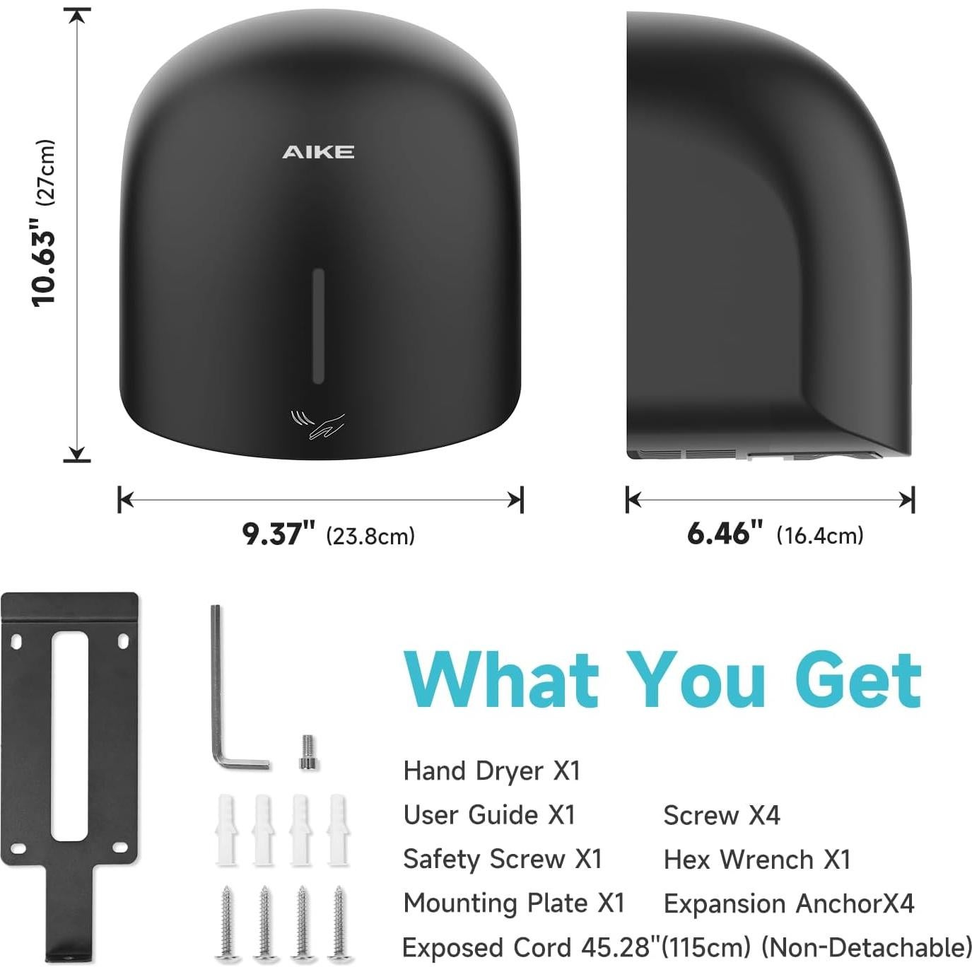 Secador de Manos AIKE AK2637 Templado Bajo Ruido 1500W Negro