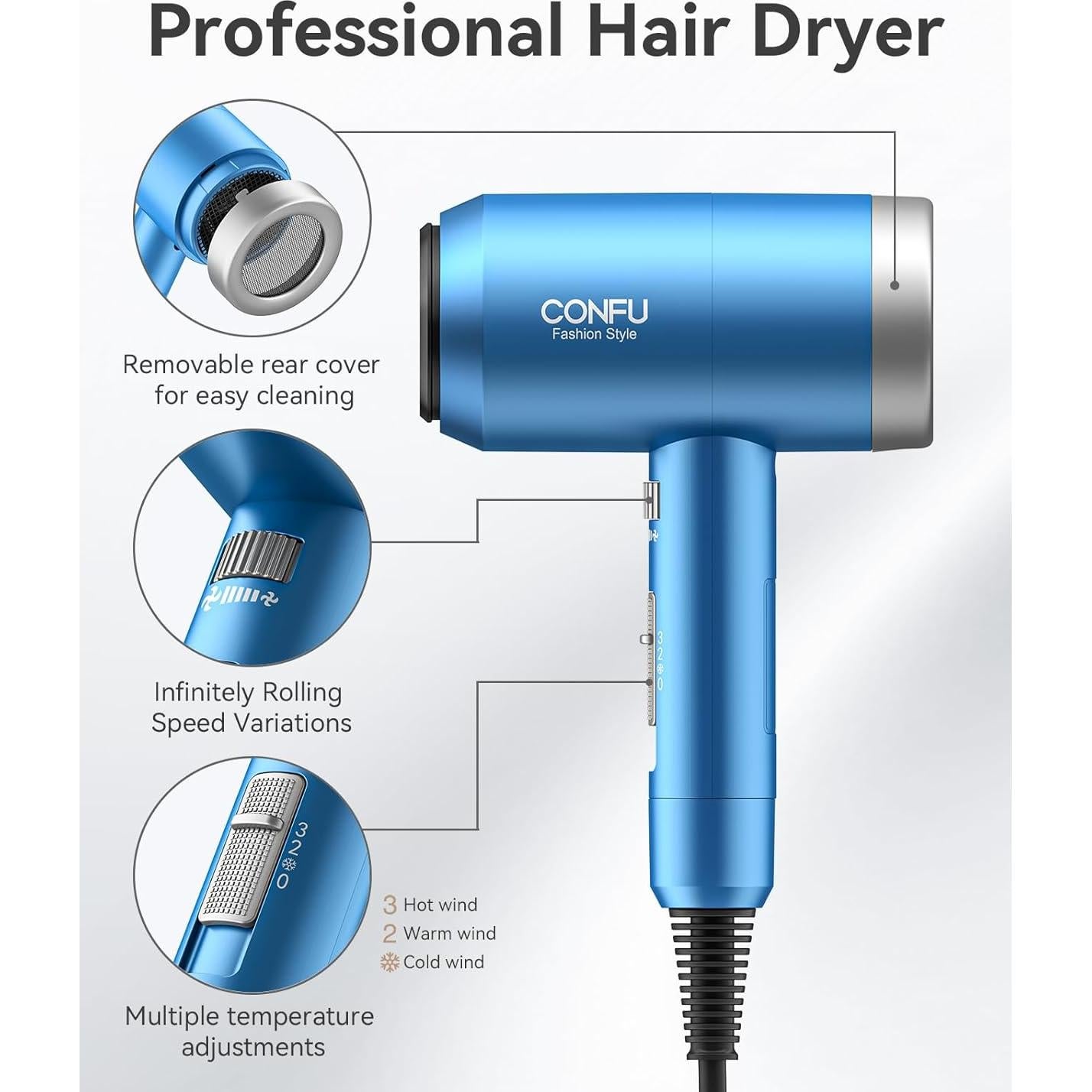 Secador de Pelo Profesional CONFU KF-3127 1600W con Difusor