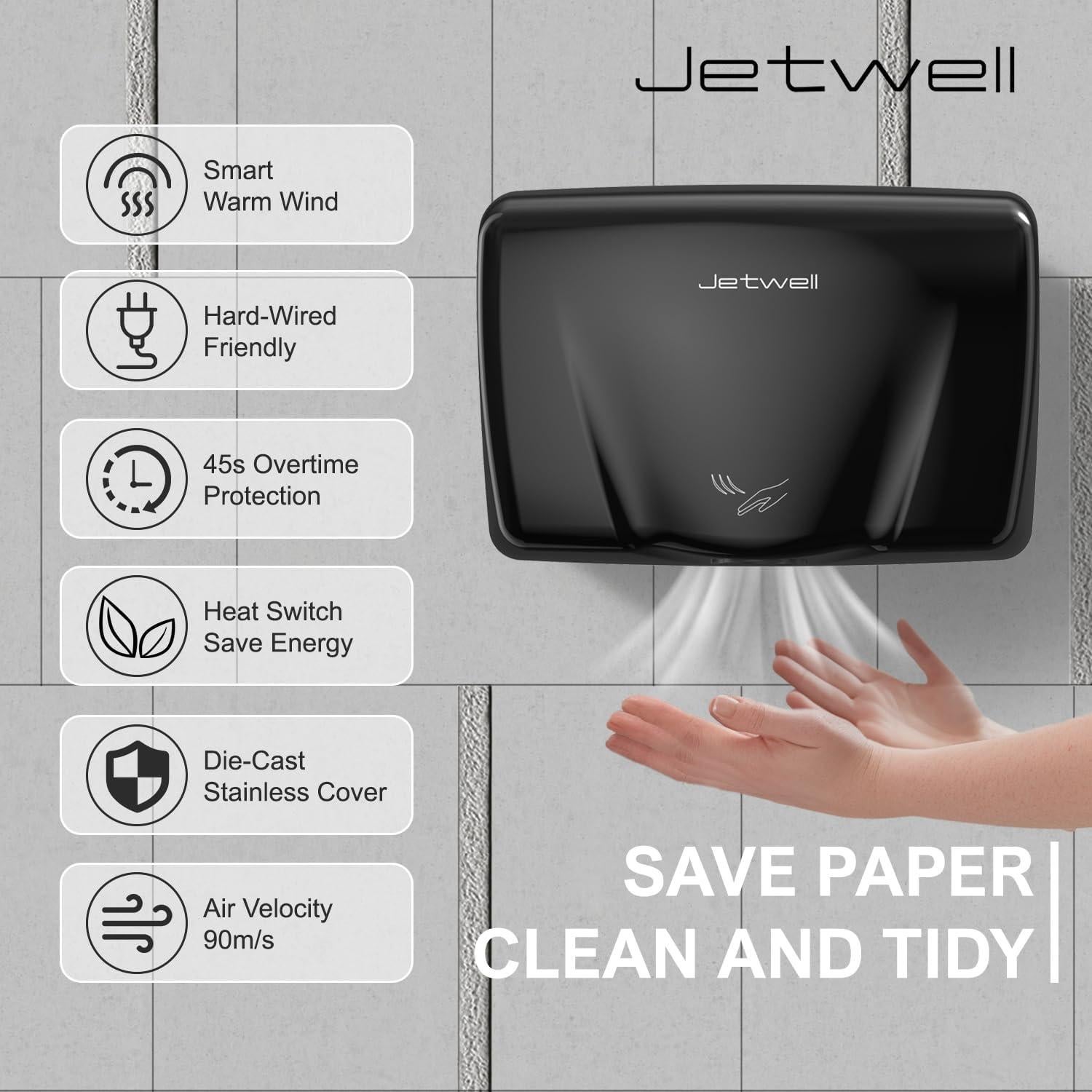 Secador de Manos Automático JETWELL JW2803 Negro - Acero Inoxidable