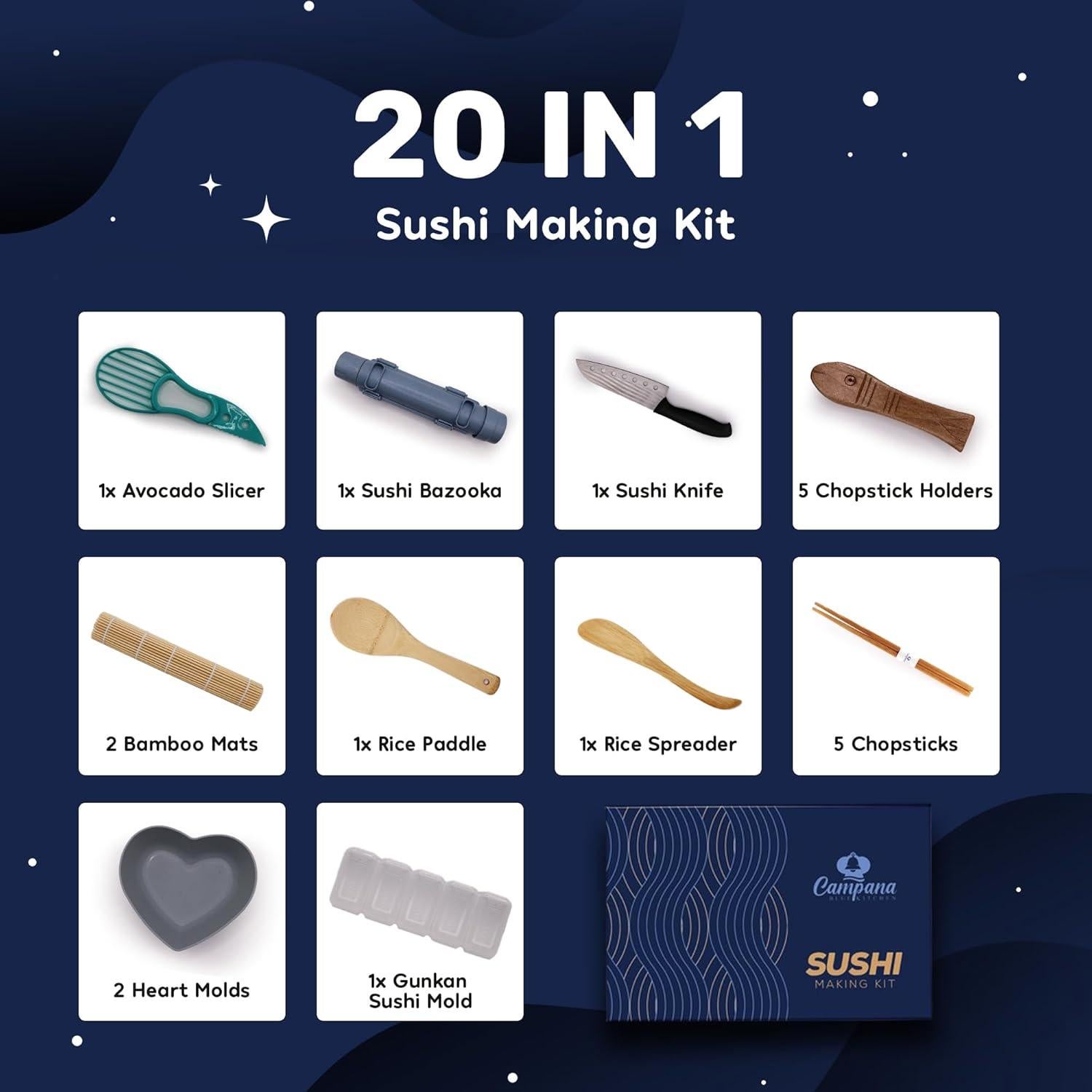 Kit de Hacer Sushi Campana Blue Kitchen - 20 Piezas Completo