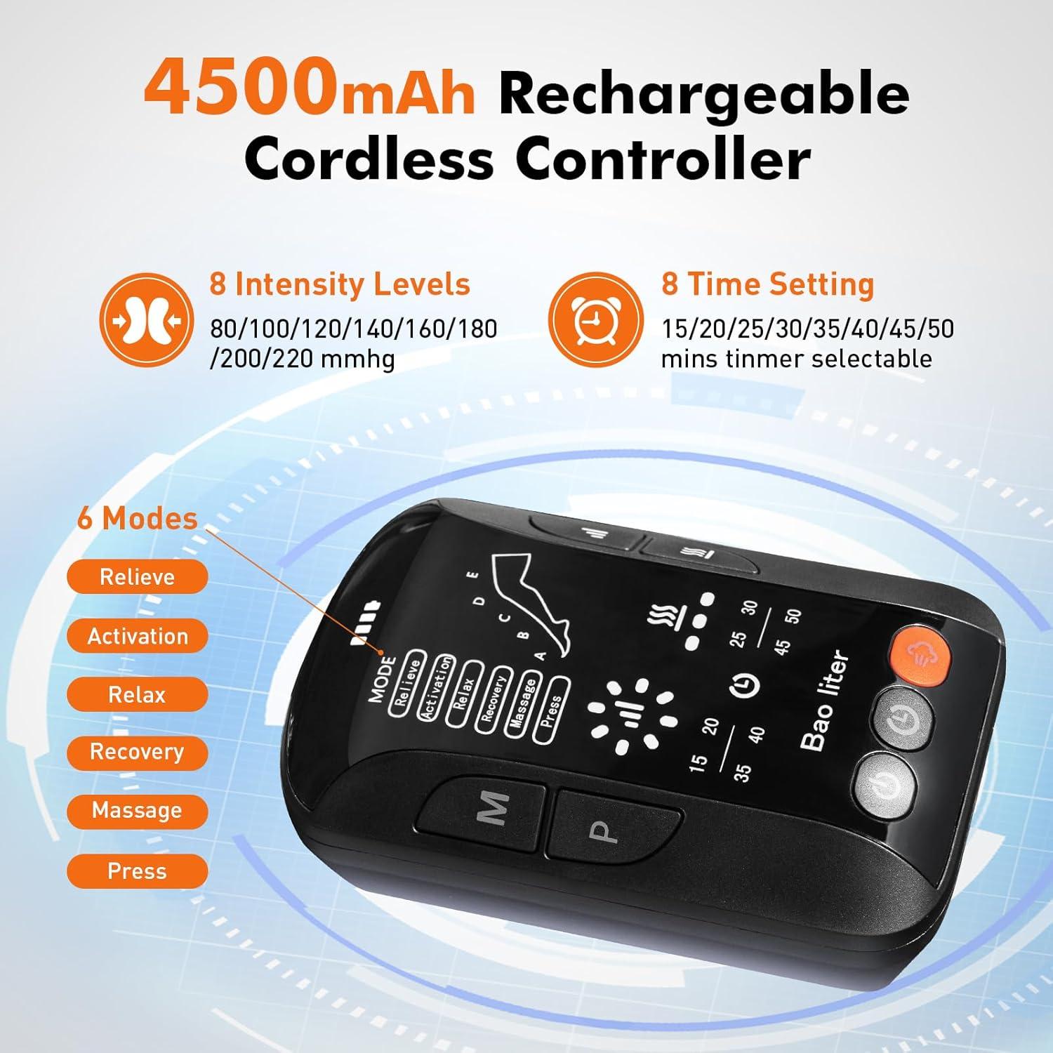 Masajeador de Compresión de Piernas Bao Liter - Inalámbrico, Calor, 6 Modos, 8 Intensidades