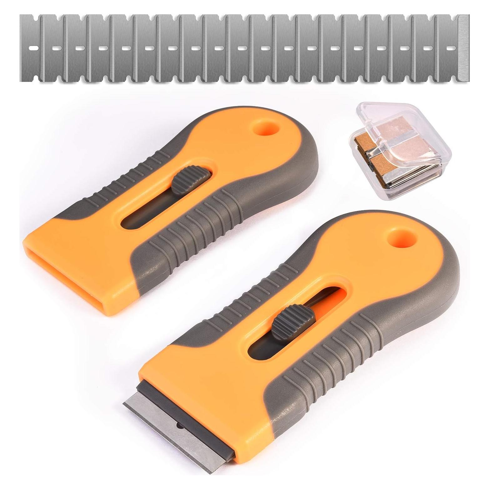 Razor Blade Scraper, 2 Pcs Plastic Retractable Razor Scraper with 40 Pcs Steel Scraper Blades for Glass Cooktop Windows