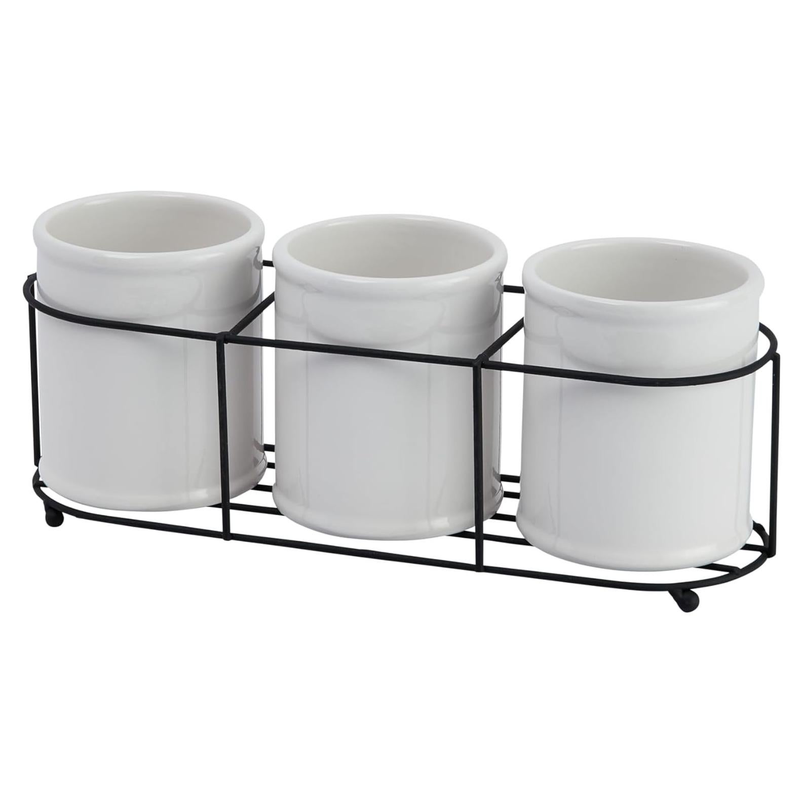 Juego de 3 Tarros de Gres Blanco con Soporte de Metal Negro