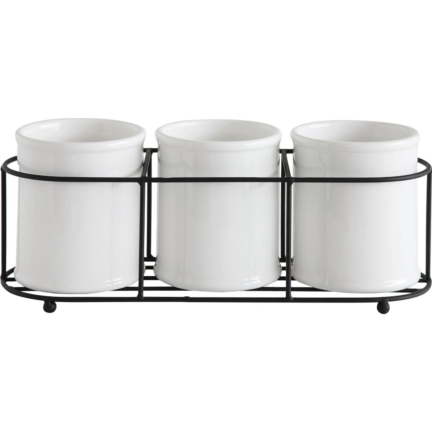 Juego de 3 Tarros de Gres Blanco con Soporte de Metal Negro