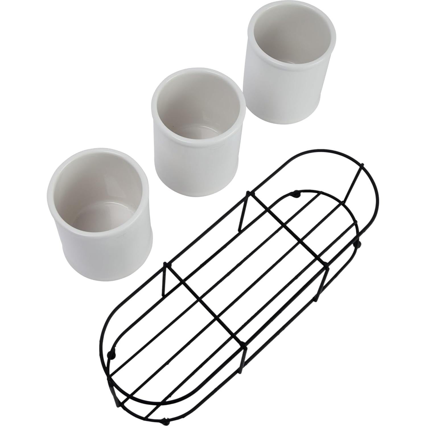 Juego de 3 Tarros de Gres Blanco con Soporte de Metal Negro