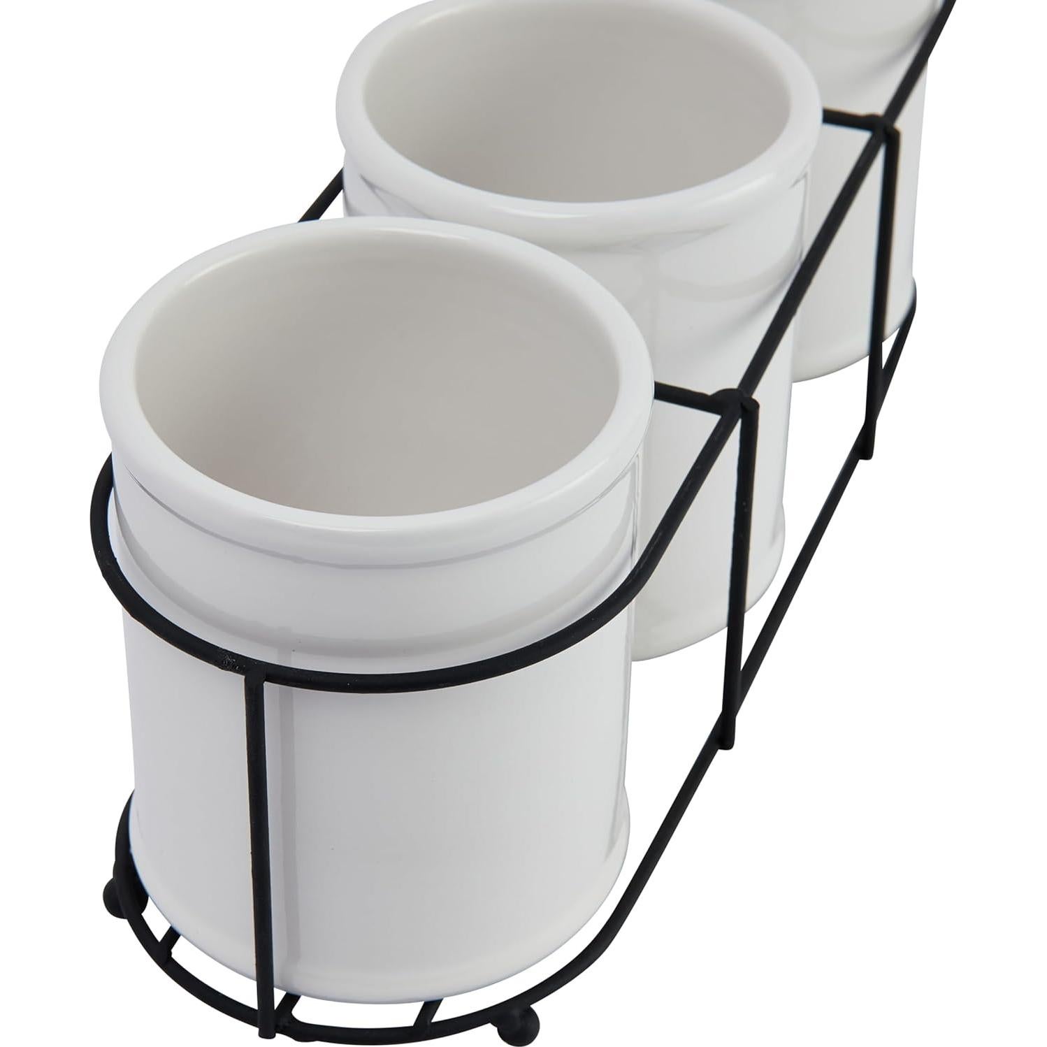 Juego de 3 Tarros de Gres Blanco con Soporte de Metal Negro
