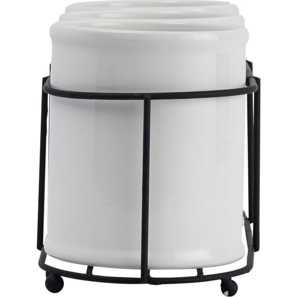 Juego de 3 Tarros de Gres Blanco con Soporte de Metal Negro