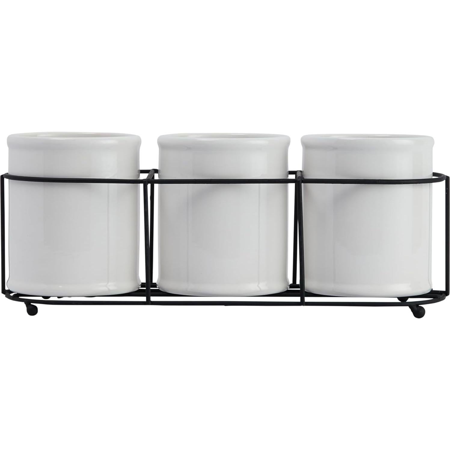 Juego de 3 Tarros de Gres Blanco con Soporte de Metal Negro