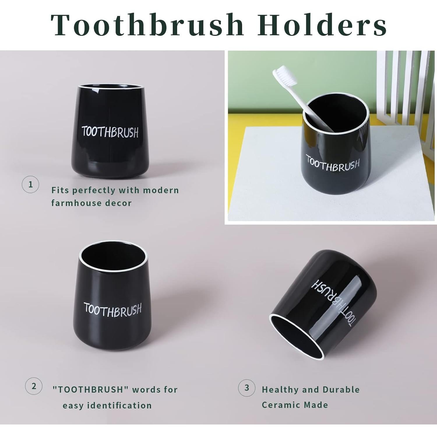 Soporte de Cepillos de Dientes LEETOYI Cerámica Negro 8.9x8.9 cm