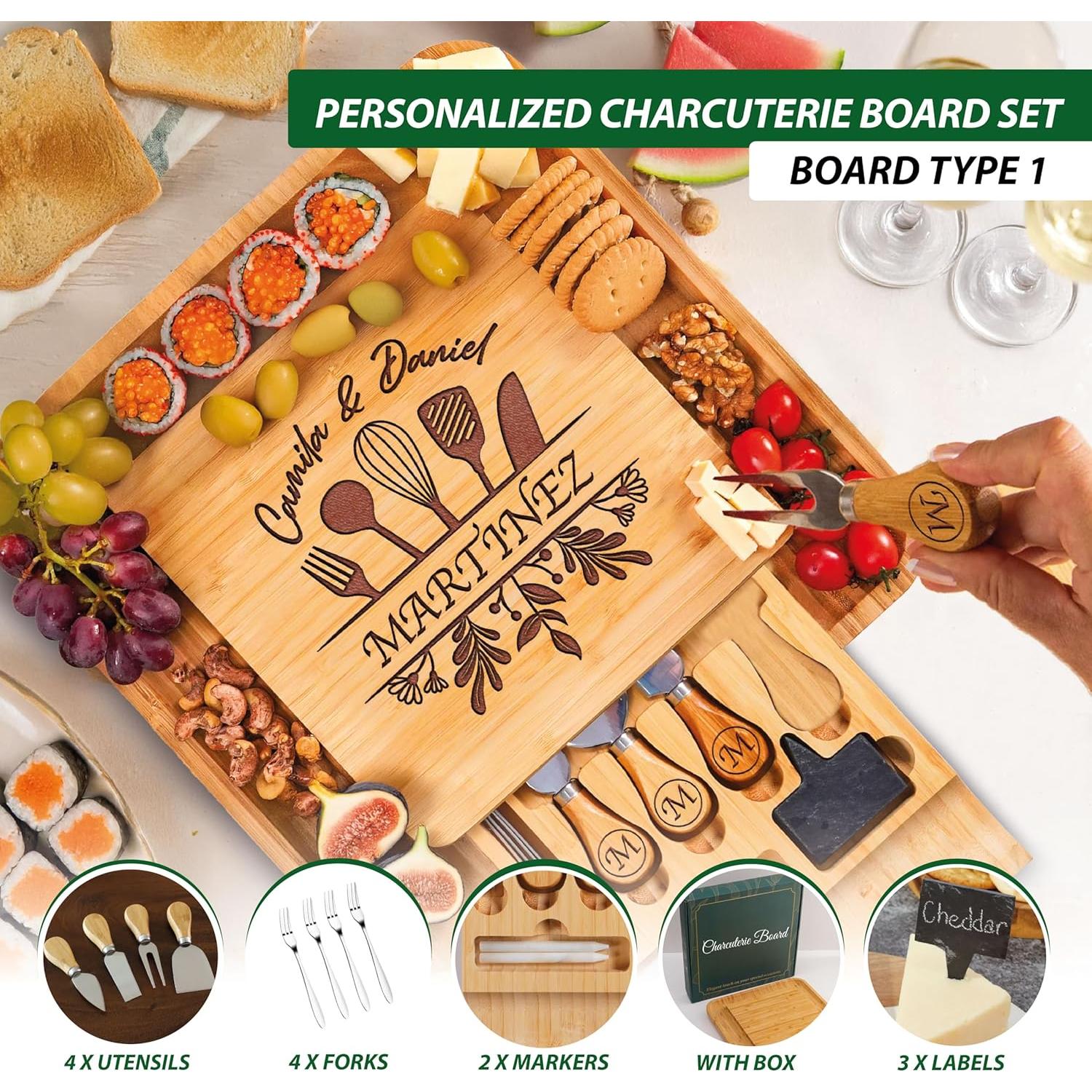 Tabla de Charcutería Personalizada Bambú con Cuchillos 35.5x27.9cm