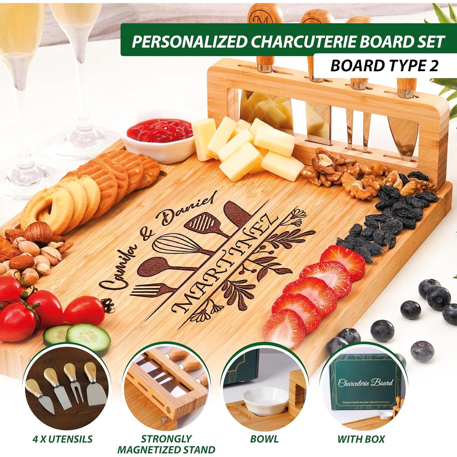 Tabla de Charcutería Personalizada Bambú con Cuchillos 35.5x27.9cm