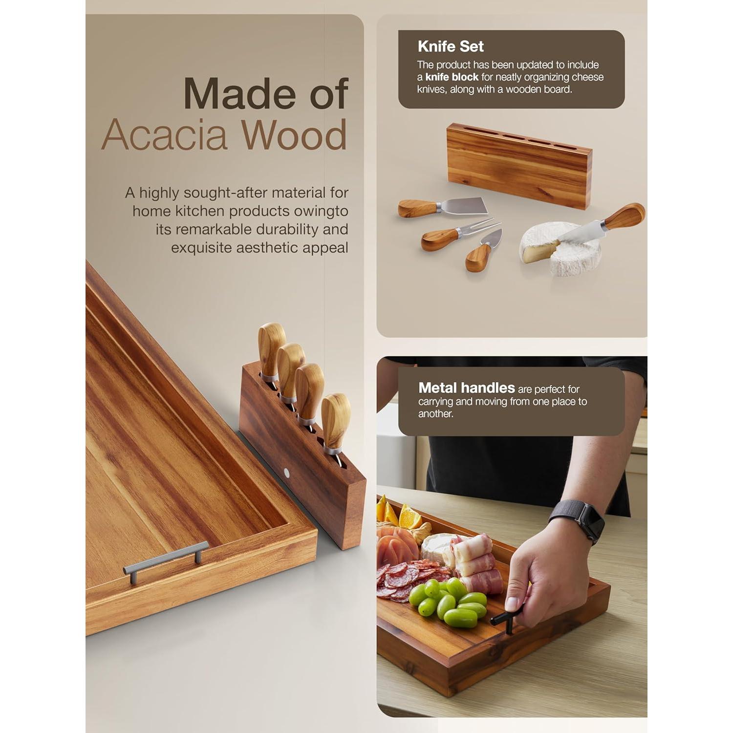 Tabla de Charcutería Grande Tidita 76x30cm Acacia con Cuchillos