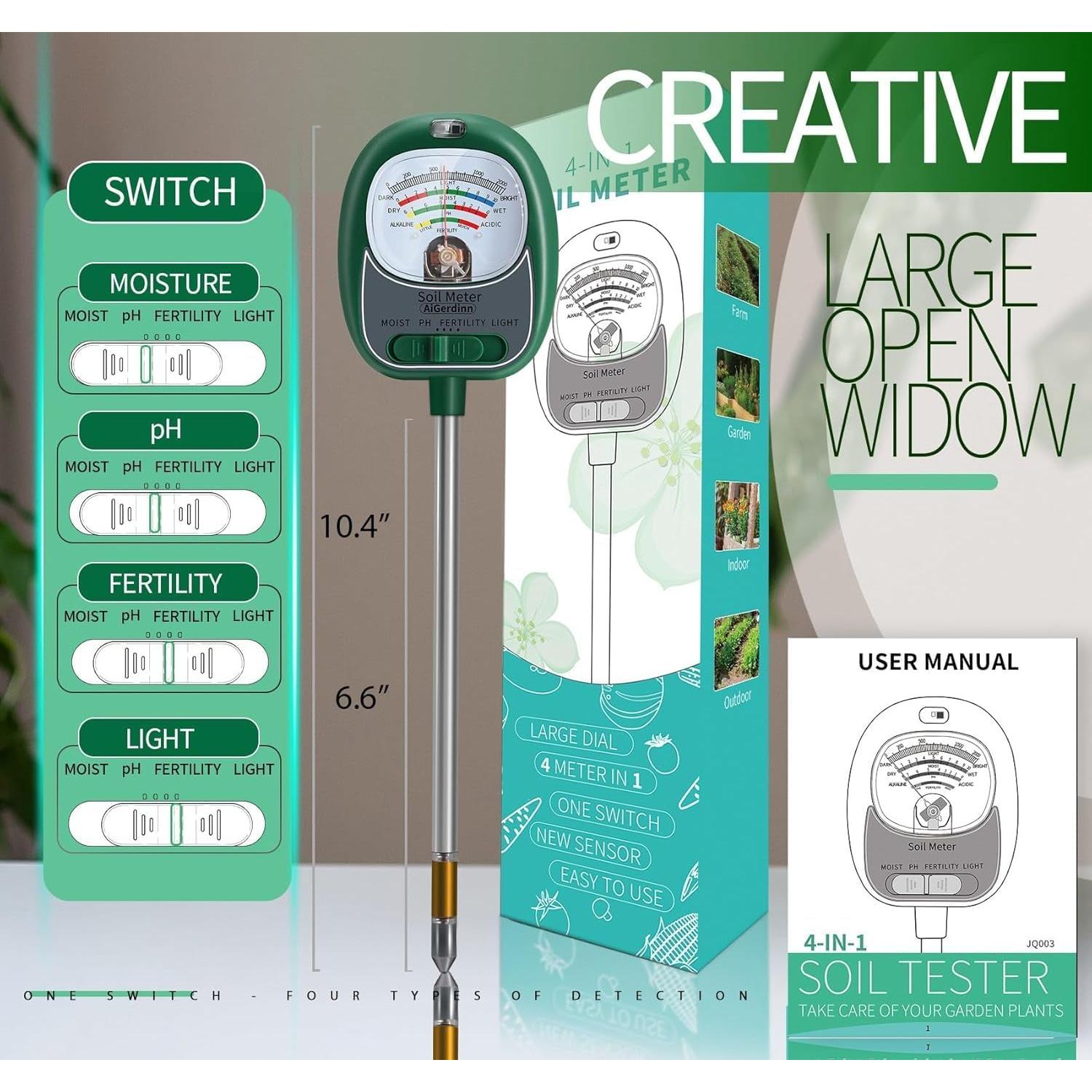 Medidor de Suelo 4 en 1 AiGerdinn - Humedad, pH, Nutrientes y Luz