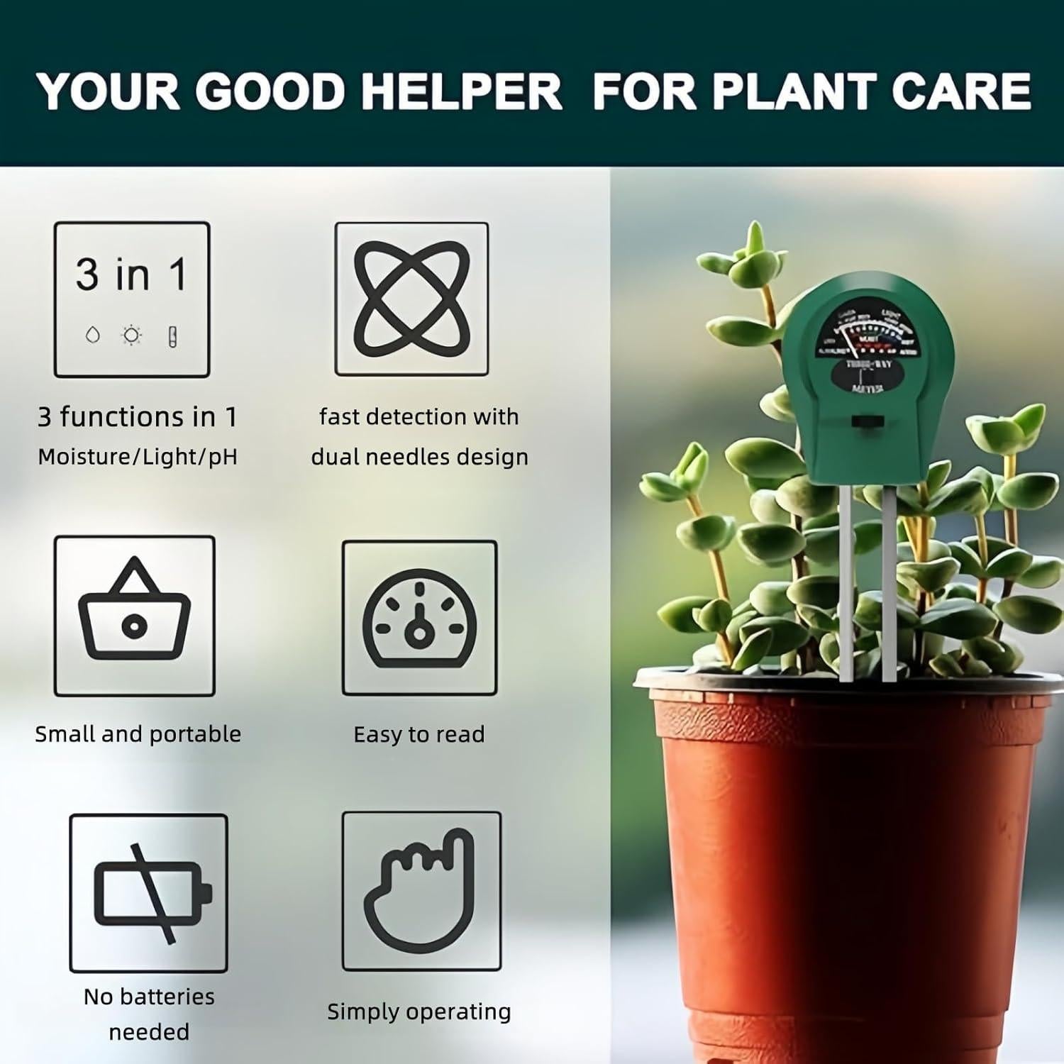 Medidor de Humedad del Suelo 3-en-1 Treayes, pH y Luz