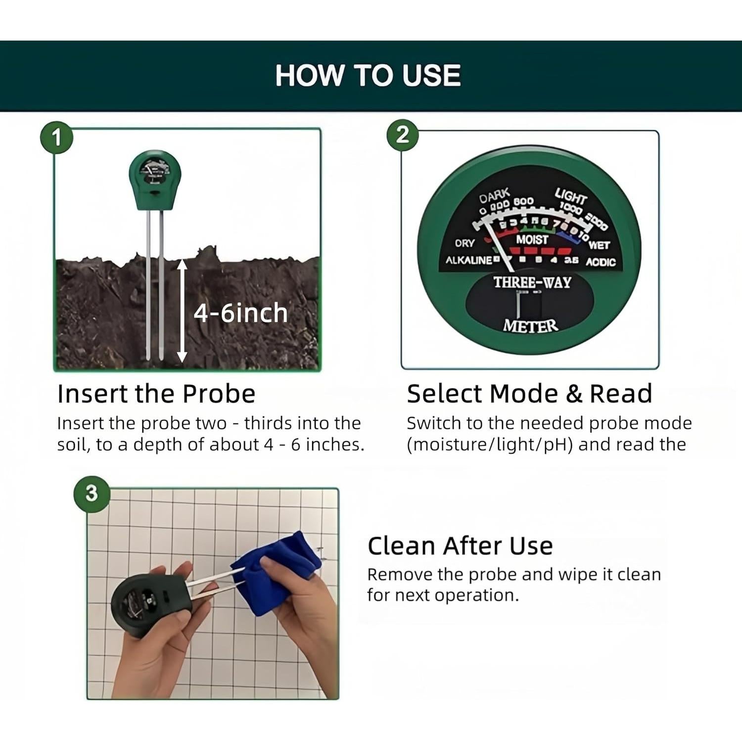 Medidor de Humedad del Suelo 3-en-1 Treayes, pH y Luz