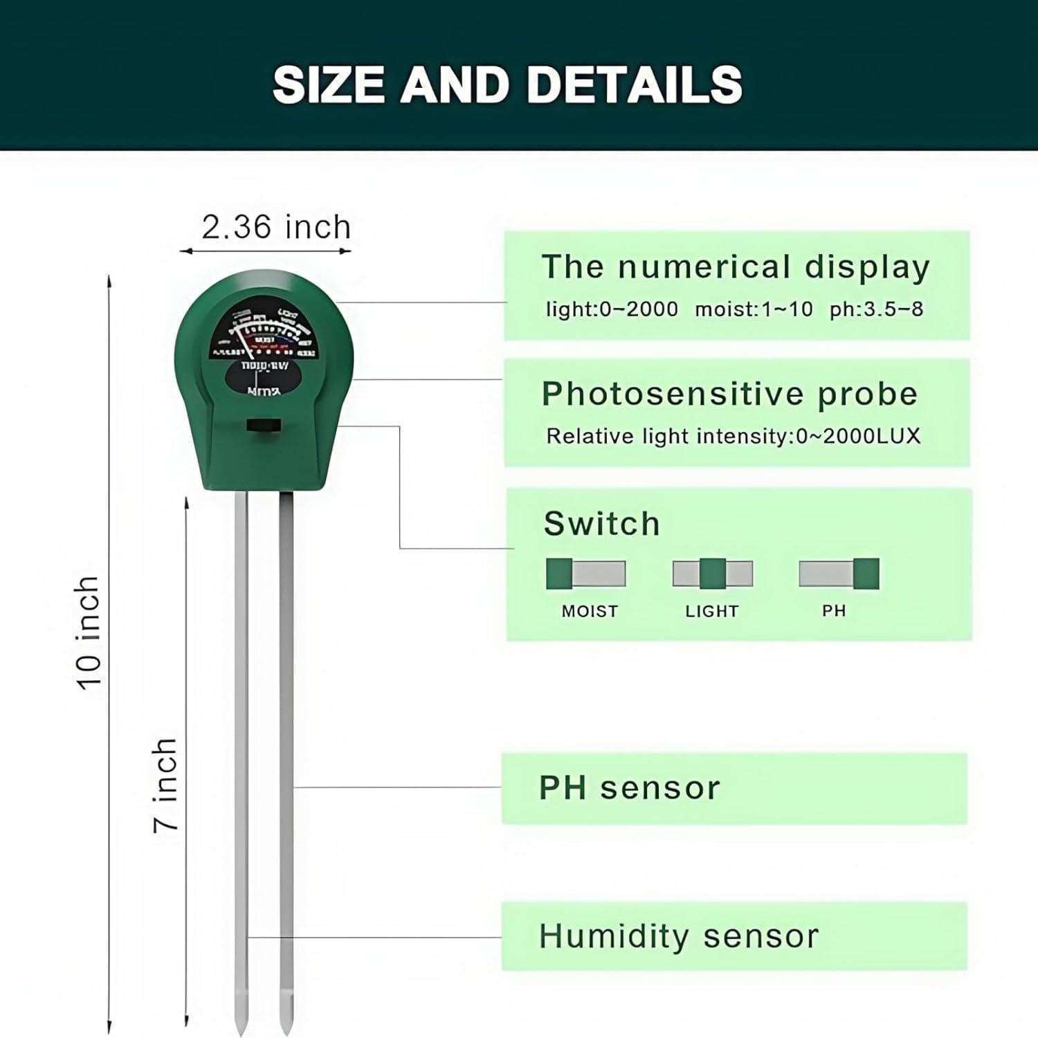 Medidor de Humedad del Suelo 3-en-1 Treayes, pH y Luz