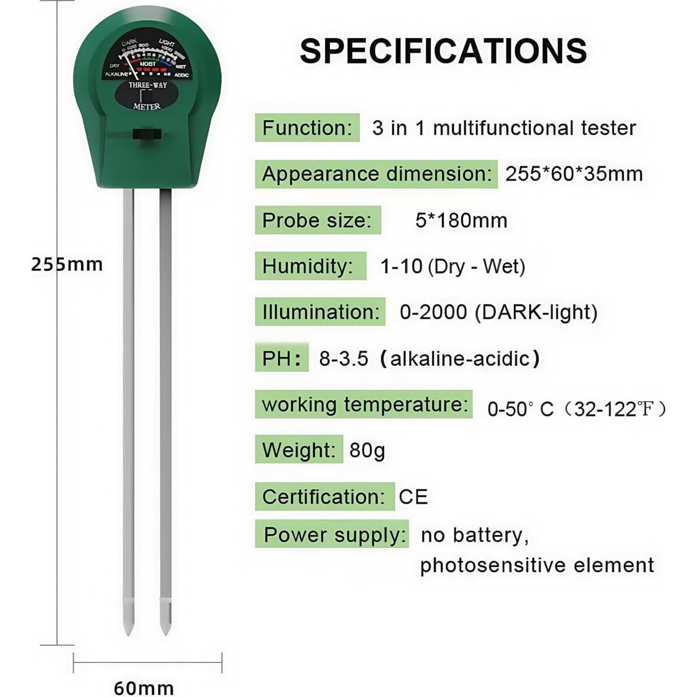 Medidor de Humedad del Suelo 3-en-1 Treayes, pH y Luz