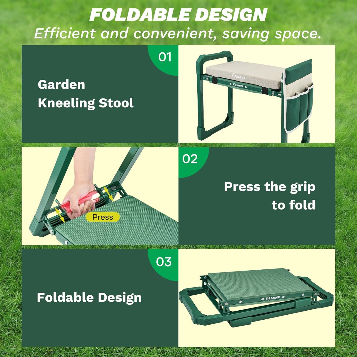 Rodillo y Asiento Plegable Saker para Jardinería 2 en 1 Verde