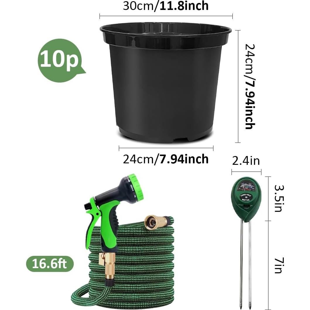 Kit de Jardinería RooTrimmer: 10 Macetas 19L, Manguera 15m, Probador 3 en 1