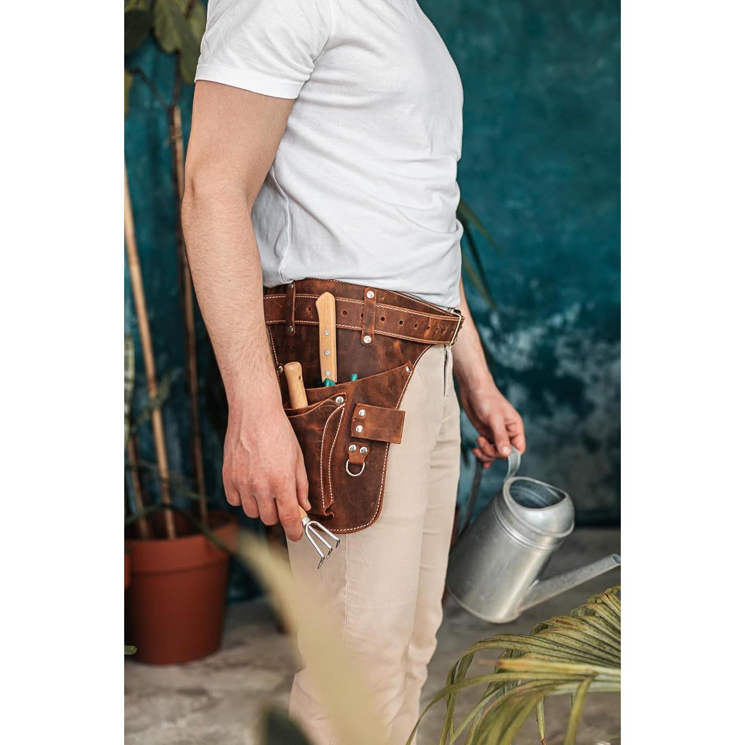 Cinturón de herramientas STAMESKY de cuero marrón para jardinería