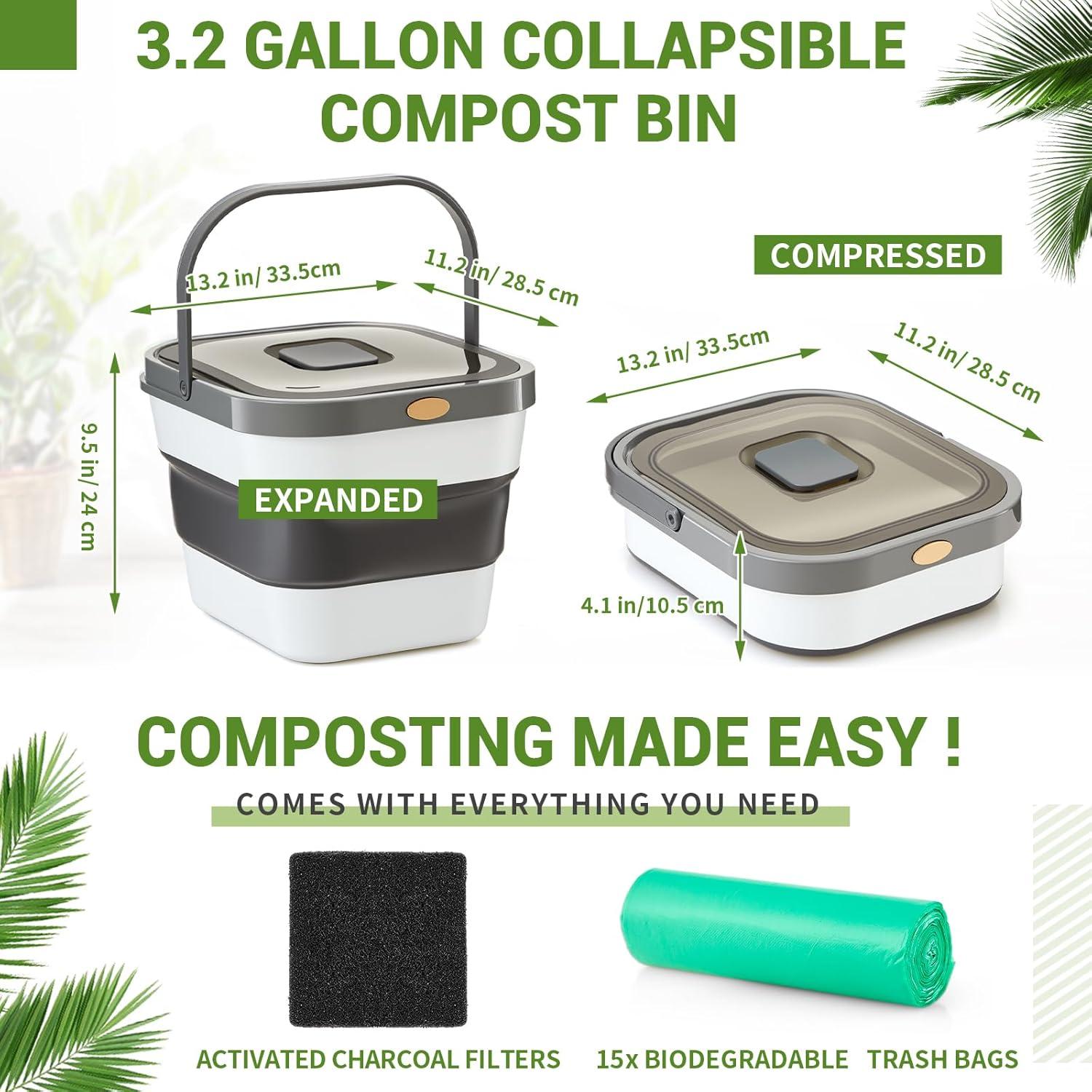 Cubo de Compostaje Plegable Reallnaive 12L con Filtro y Bolsas