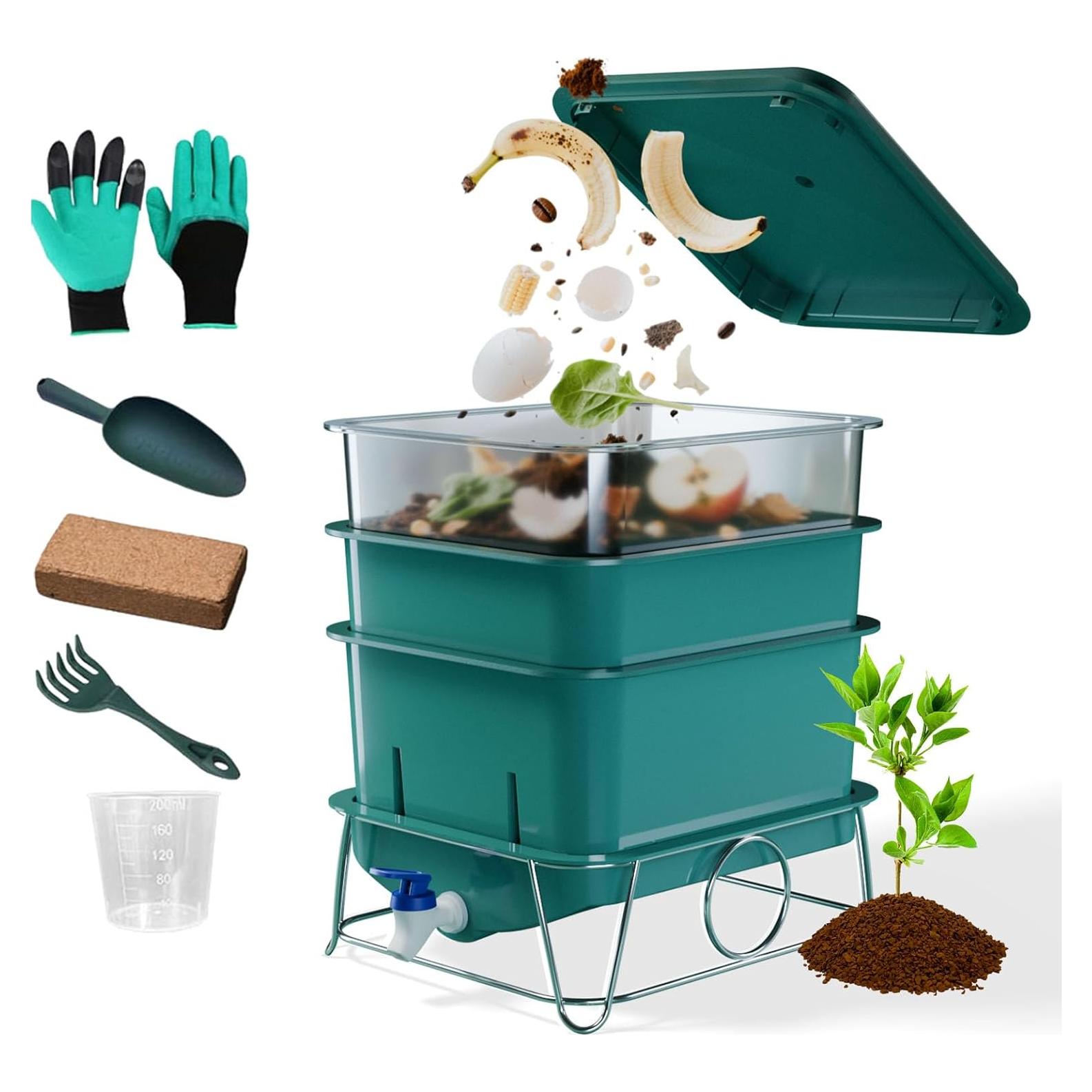 Bin de Compostaje HCGADON 15L con 3 Bandejas y Herramientas