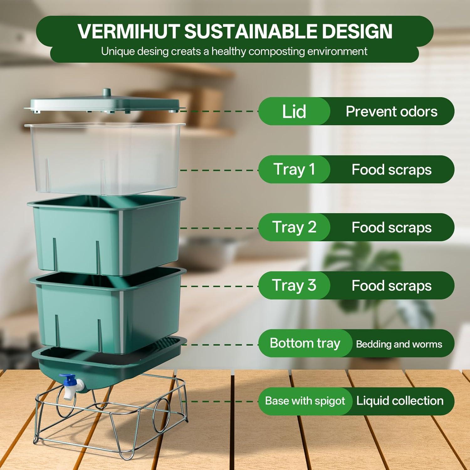 Bin de Compostaje HCGADON 15L con 3 Bandejas y Herramientas