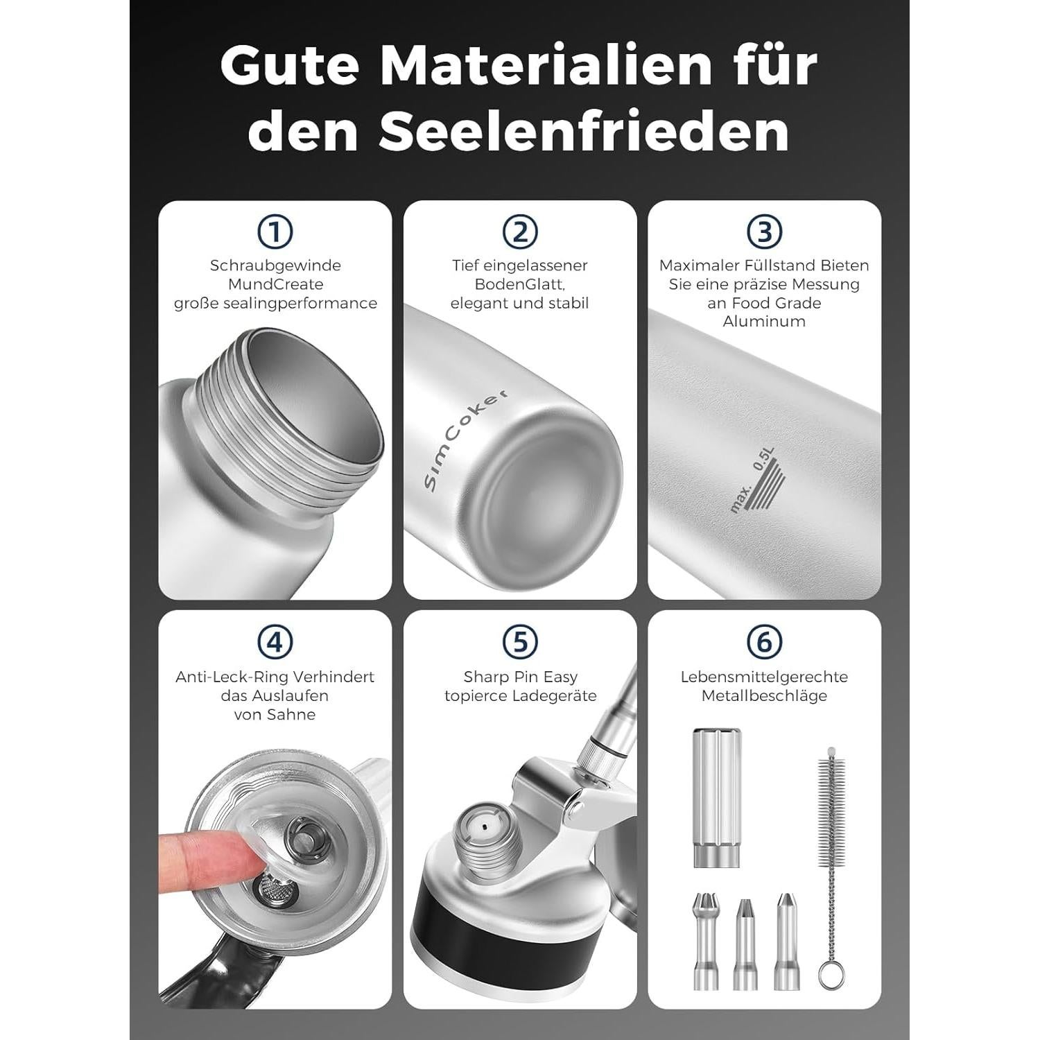 Dispensador de Crema Batida SimCoker 500ml con 3 Boquillas