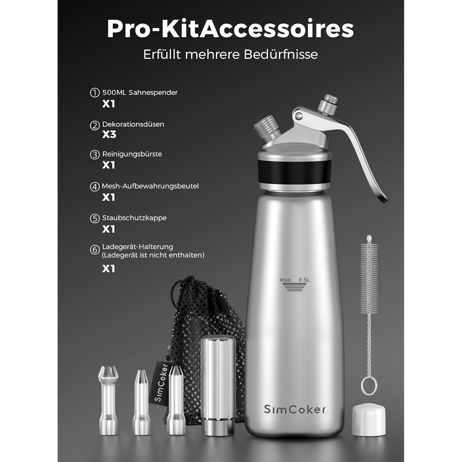 Dispensador de Crema Batida SimCoker 500ml con 3 Boquillas